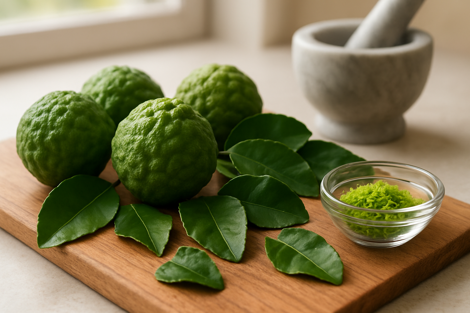 Create a realistic image of fresh kaffir lime fruits with their distinctive bumpy green skin alongside vibrant dark green kaffir lime leaves arranged on a wooden cutting board, with some leaves torn to show their double-leaf structure, a small glass bowl containing lime zest, and a mortar and pestle in the background, all set on a clean kitchen counter with soft natural lighting from a window, creating a warm and inviting culinary atmosphere that showcases both the raw ingredients and their culinary preparation, absolutely NO text should be in the scene.