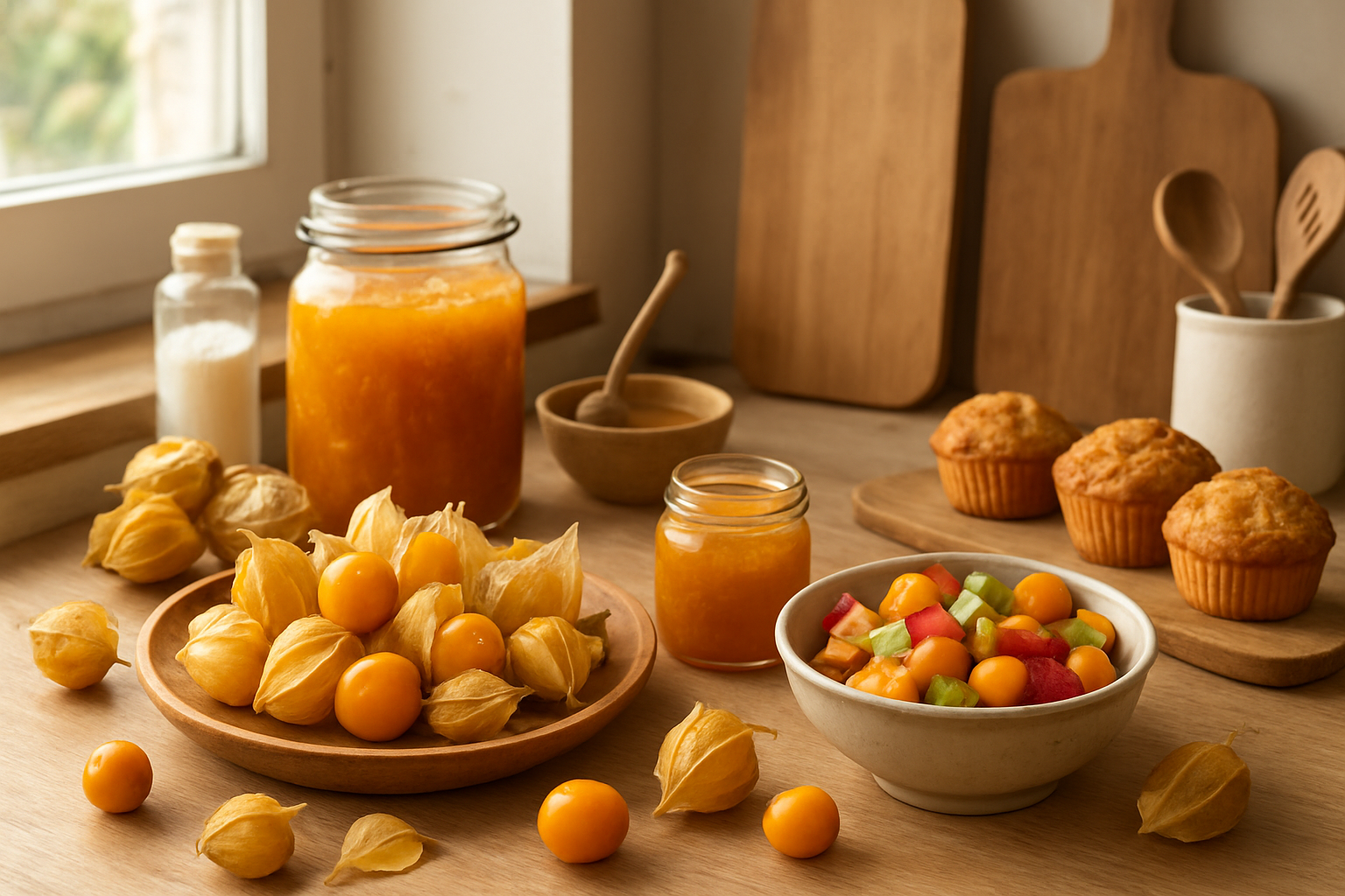 Create a realistic image of a bright, inviting kitchen counter scene featuring fresh golden uchuva fruits (physalis) with their papery husks both on and peeled back, alongside prepared uchuva dishes including a colorful fruit salad, golden jam in glass jars, and freshly baked muffins with visible uchuva pieces, surrounded by modern kitchen utensils, wooden cutting boards, and cooking ingredients like flour and honey, with warm natural lighting streaming through a window creating a welcoming culinary atmosphere, absolutely NO text should be in the scene.