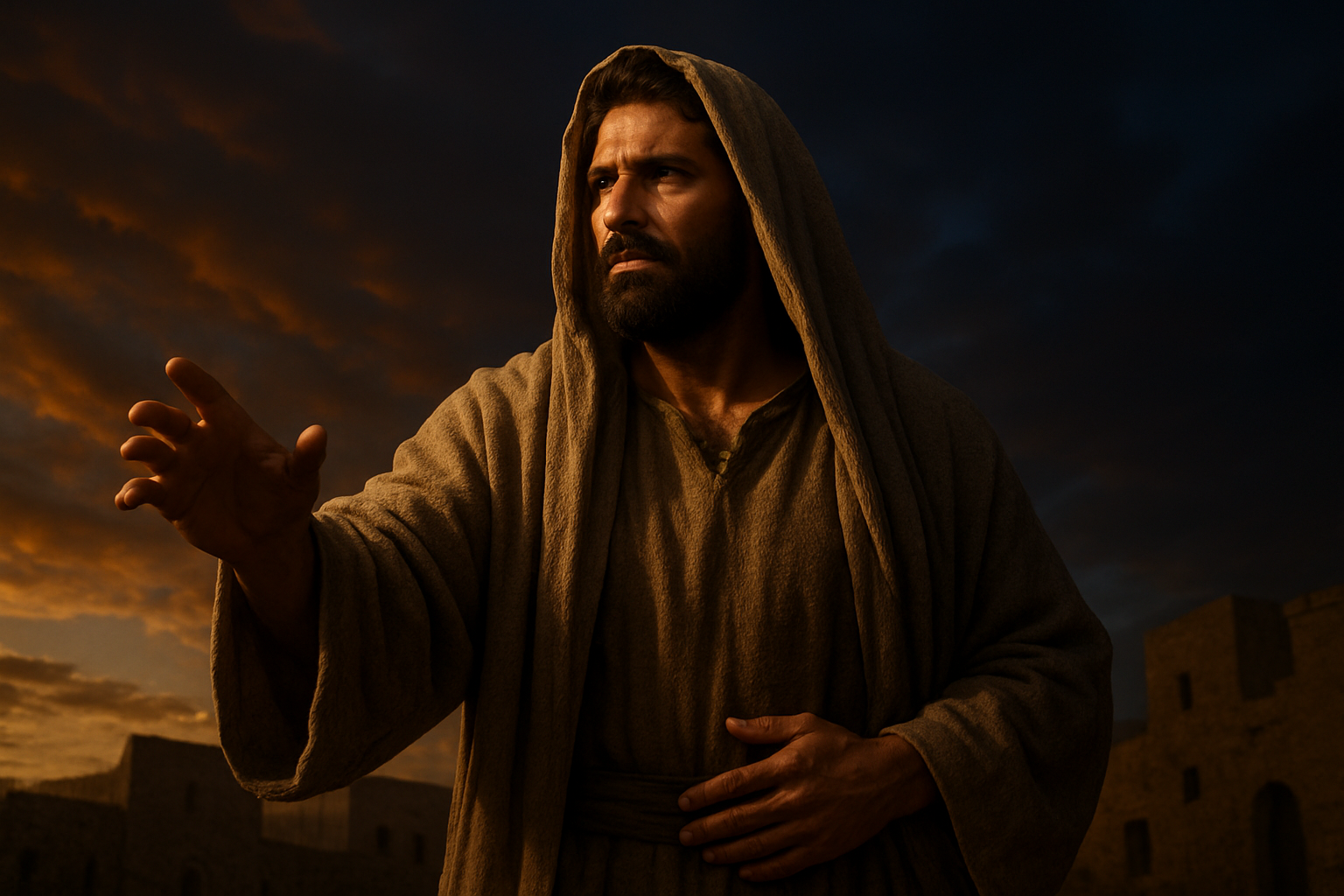 Create a realistic image of a Middle Eastern male with dark hair and beard wearing traditional biblical-era robes, standing protectively with a determined expression while looking into the distance, with his hand positioned as if guiding or sheltering others, set against a dramatic twilight sky with warm golden and deep blue tones, ancient stone buildings visible in the background suggesting a biblical town setting, the lighting creating strong contrast that emphasizes his resolute facial features and protective posture, conveying strength and leadership during challenging times, absolutely NO text should be in the scene.