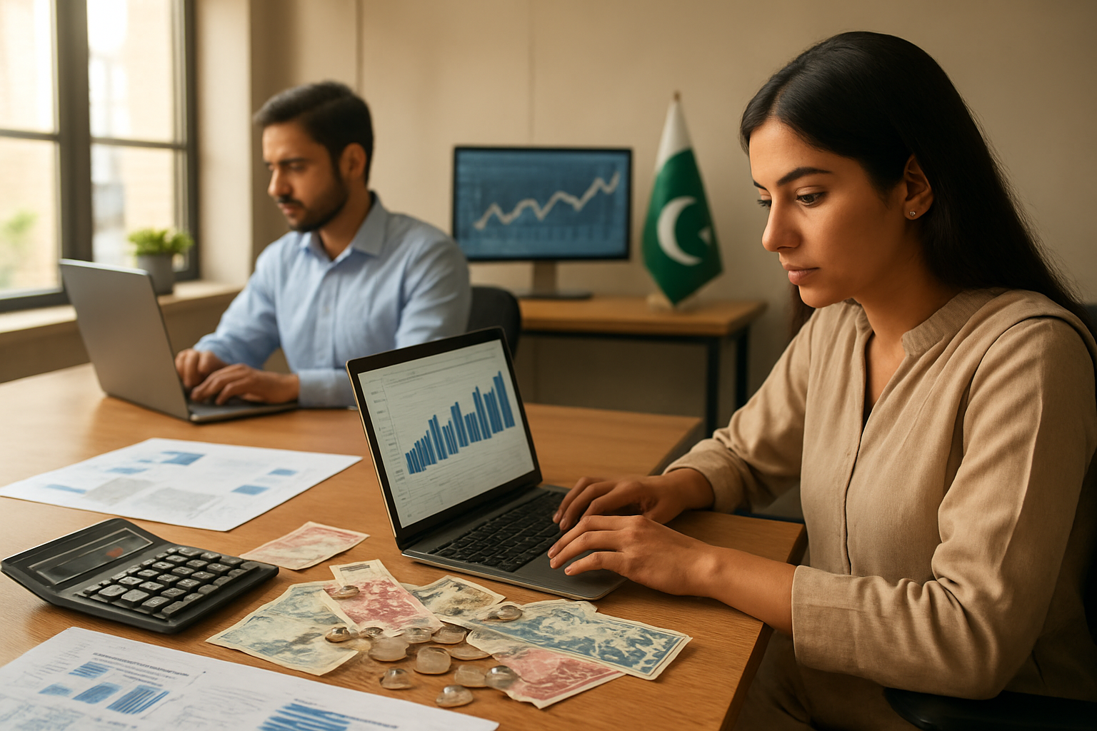 Create a realistic image of a modern Pakistani office workspace with South Asian male and female freelancers working on laptops, Pakistani rupee notes and coins scattered on desks, digital charts displaying economic data on computer screens, a calculator and financial documents, warm natural lighting from large windows, professional yet entrepreneurial atmosphere with a subtle Pakistani flag in the background, absolutely NO text should be in the scene.