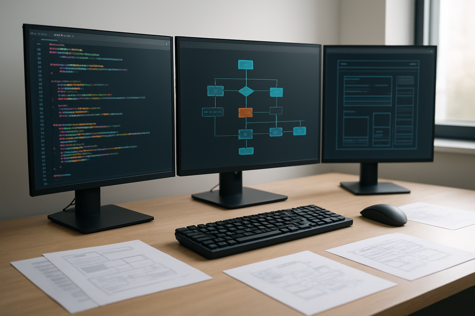 Create a realistic image of a sleek modern computer workstation with multiple monitors displaying colorful code syntax, flowcharts, and UI wireframe diagrams, featuring a clean desk setup with a mechanical keyboard, wireless mouse, and scattered technical documentation papers, set in a contemporary office environment with soft natural lighting from a window, creating a focused and professional atmosphere for software development work, absolutely NO text should be in the scene.