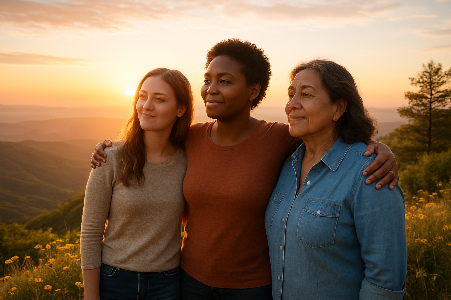 Create a realistic image of a diverse group of three women of different ages - one young white woman, one middle-aged black woman, and one older Hispanic woman - standing together on a mountaintop at sunrise, looking out over a vast landscape with their arms gently around each other's shoulders, wearing casual modern clothing, with golden sunlight illuminating their faces showing expressions of peace and fulfillment, surrounded by wildflowers and a few trees, with a breathtaking view of rolling hills and valleys below stretching to the horizon, conveying a sense of growth, spiritual journey completion, and divine purpose fulfilled, with warm golden and soft pink lighting from the sunrise creating an uplifting and inspirational atmosphere, absolutely NO text should be in the scene.