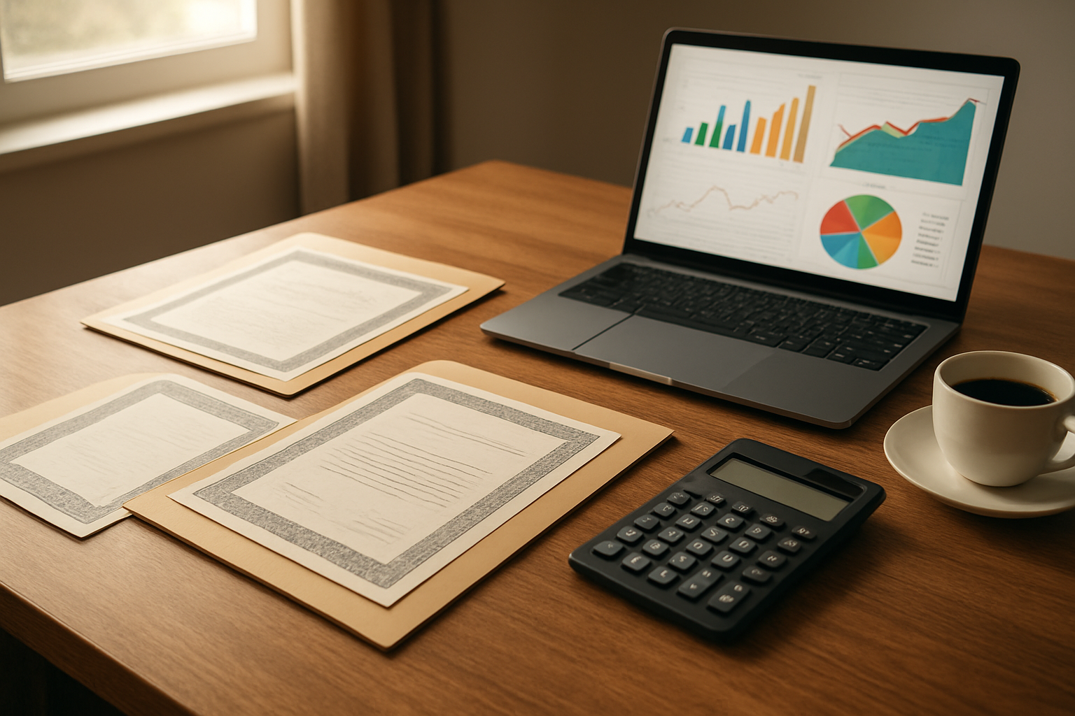 Create a realistic image of a modern desktop workspace showing multiple alternative investment options including certificates of deposit, money market accounts, and treasury bills represented by elegant financial documents and folders spread across a clean wooden desk, with a sleek laptop displaying colorful charts and graphs, a calculator, and a coffee cup, soft natural lighting from a nearby window creating a professional and organized atmosphere, warm and inviting mood suggesting financial growth and smart money management, absolutely NO text should be in the scene.