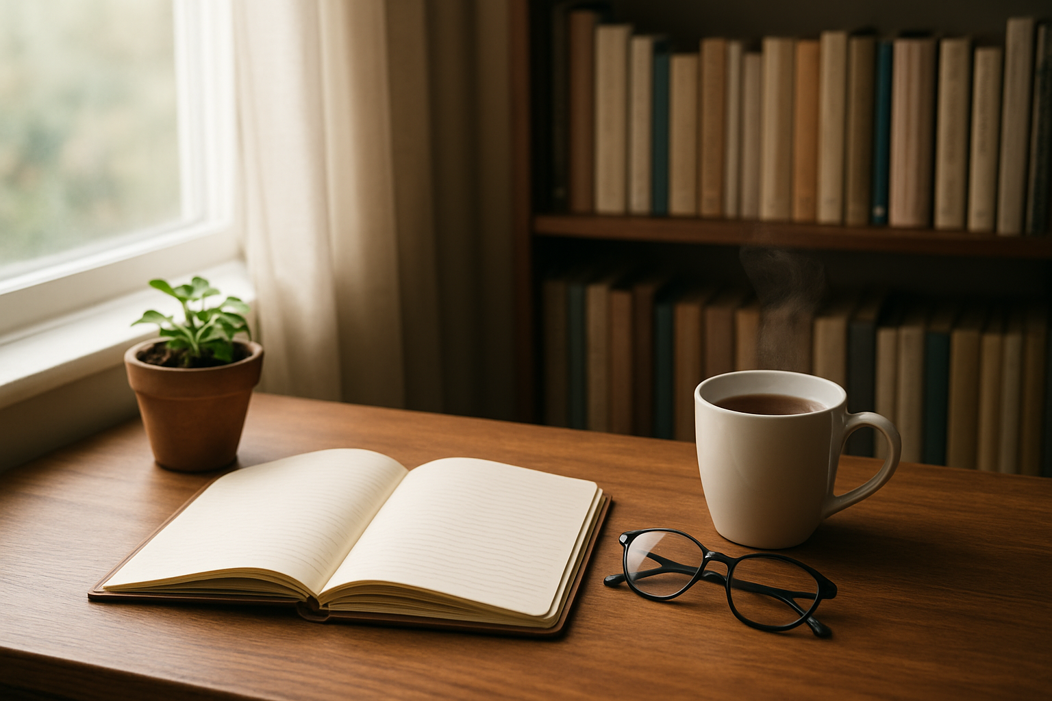Create a realistic image of a serene indoor scene showing a wooden desk with an open journal, a small potted plant, reading glasses, and a steaming cup of tea, surrounded by soft natural lighting from a nearby window, with a bookshelf filled with personal development books in the background, creating a peaceful atmosphere that suggests consistent daily habits for self-improvement, absolutely NO text should be in the scene.