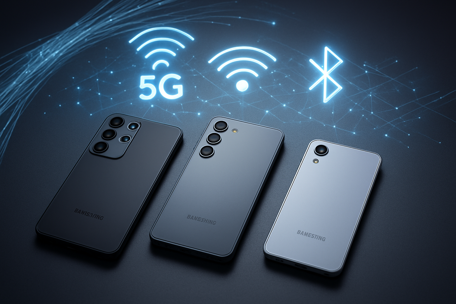 Create a realistic image of three Samsung Galaxy S26 smartphones (Ultra, Plus, and base model) arranged on a sleek modern surface with holographic network visualization elements floating above them, showing 5G signal waves, WiFi symbols, and Bluetooth connectivity icons in blue and white glowing effects, futuristic fiber optic cables subtly integrated in the background, soft ambient lighting with a tech-forward atmosphere, clean minimalist composition emphasizing cutting-edge connectivity features, absolutely NO text should be in the scene.