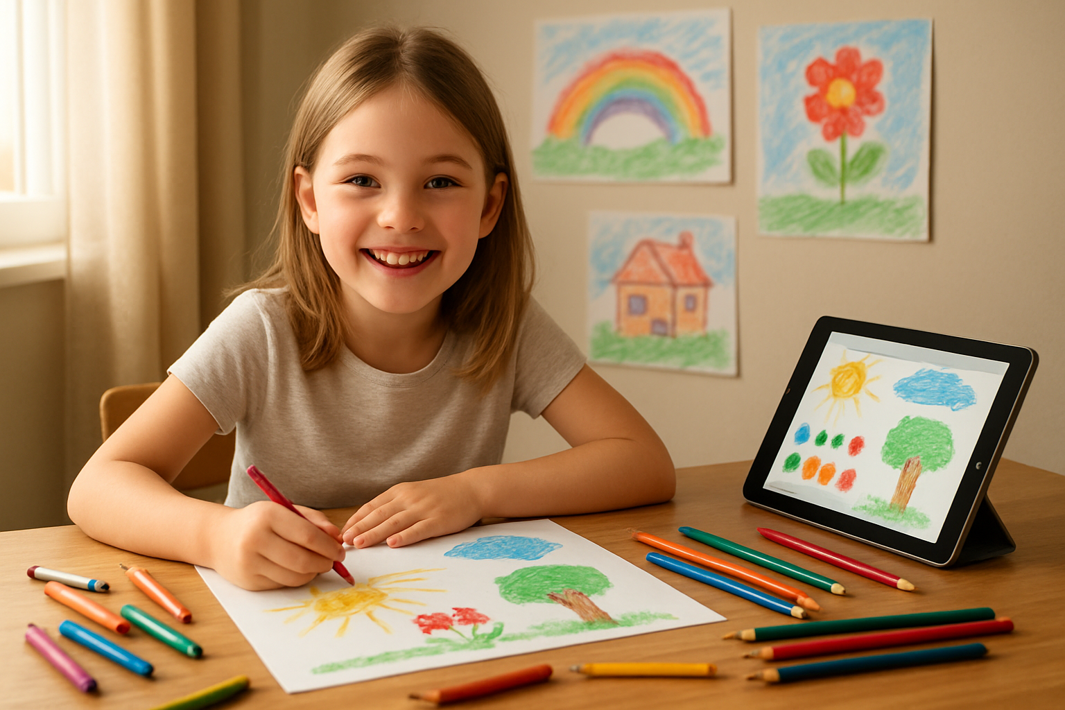 Create a realistic image of a happy white female child around 8 years old sitting at a wooden desk, smiling while drawing colorful artwork on paper with various art supplies including crayons, colored pencils, and markers spread around her, with a tablet showing drawing apps nearby, natural sunlight streaming through a window creating a warm and encouraging atmosphere in a cozy home art corner with children's drawings displayed on the wall behind her, absolutely NO text should be in the scene.