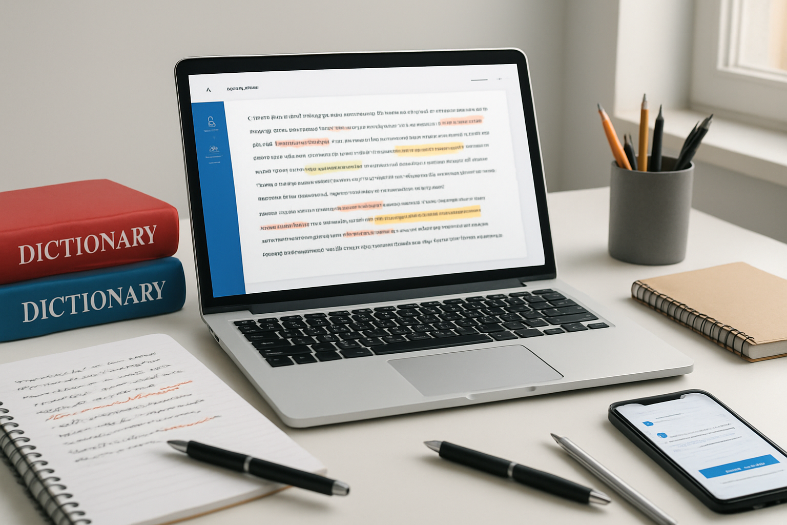 Create a realistic image of a modern workspace featuring a laptop computer displaying a clean grammar checking interface with colorful correction highlights, surrounded by language learning materials including dictionaries and notebooks, a smartphone showing translation app interface, and writing tools like pens and paper with corrected text, set on a white desk with soft natural lighting from a window, creating a productive and organized atmosphere for language improvement and writing enhancement, absolutely NO text should be in the scene.