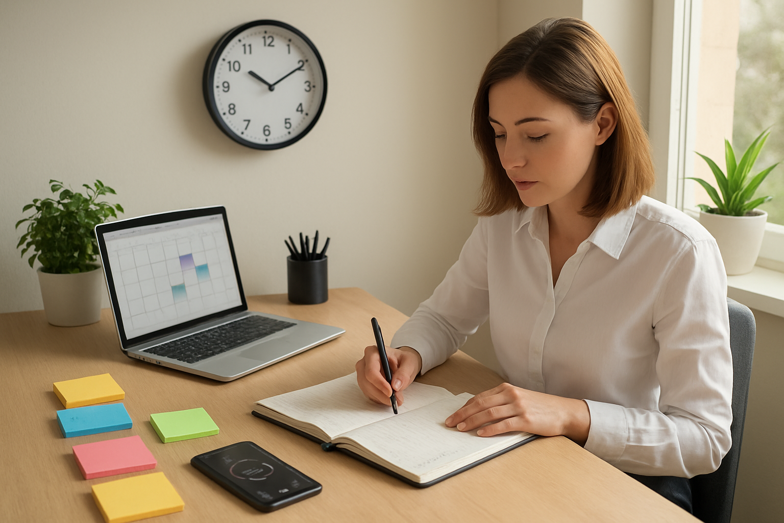 Create a realistic image of a clean, organized desk workspace with a white female professional in her 30s writing in a planner, surrounded by productivity tools including a laptop showing a calendar interface, colorful sticky notes arranged neatly, a wall clock showing 9:00 AM, and a smartphone with timer apps visible on screen, bright natural lighting streaming through a window creating a focused and motivational atmosphere, with green plants adding freshness to the organized environment, absolutely NO text should be in the scene.