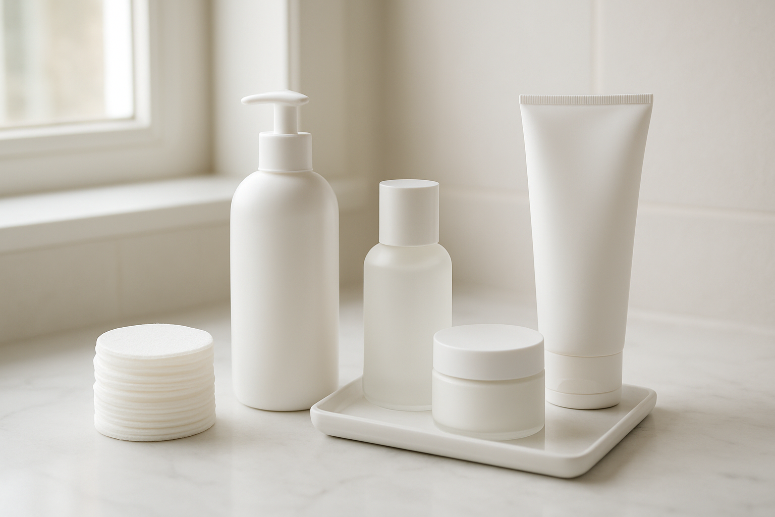 Create a realistic image of a clean, organized bathroom vanity or skincare station with essential pre-laser skincare products neatly arranged including gentle cleanser bottles, moisturizer jars, sunscreen tubes, and cotton pads, with soft natural lighting coming through a window, featuring a minimalist white marble or clean white countertop background, creating a calm and professional skincare preparation atmosphere, absolutely NO text should be in the scene.