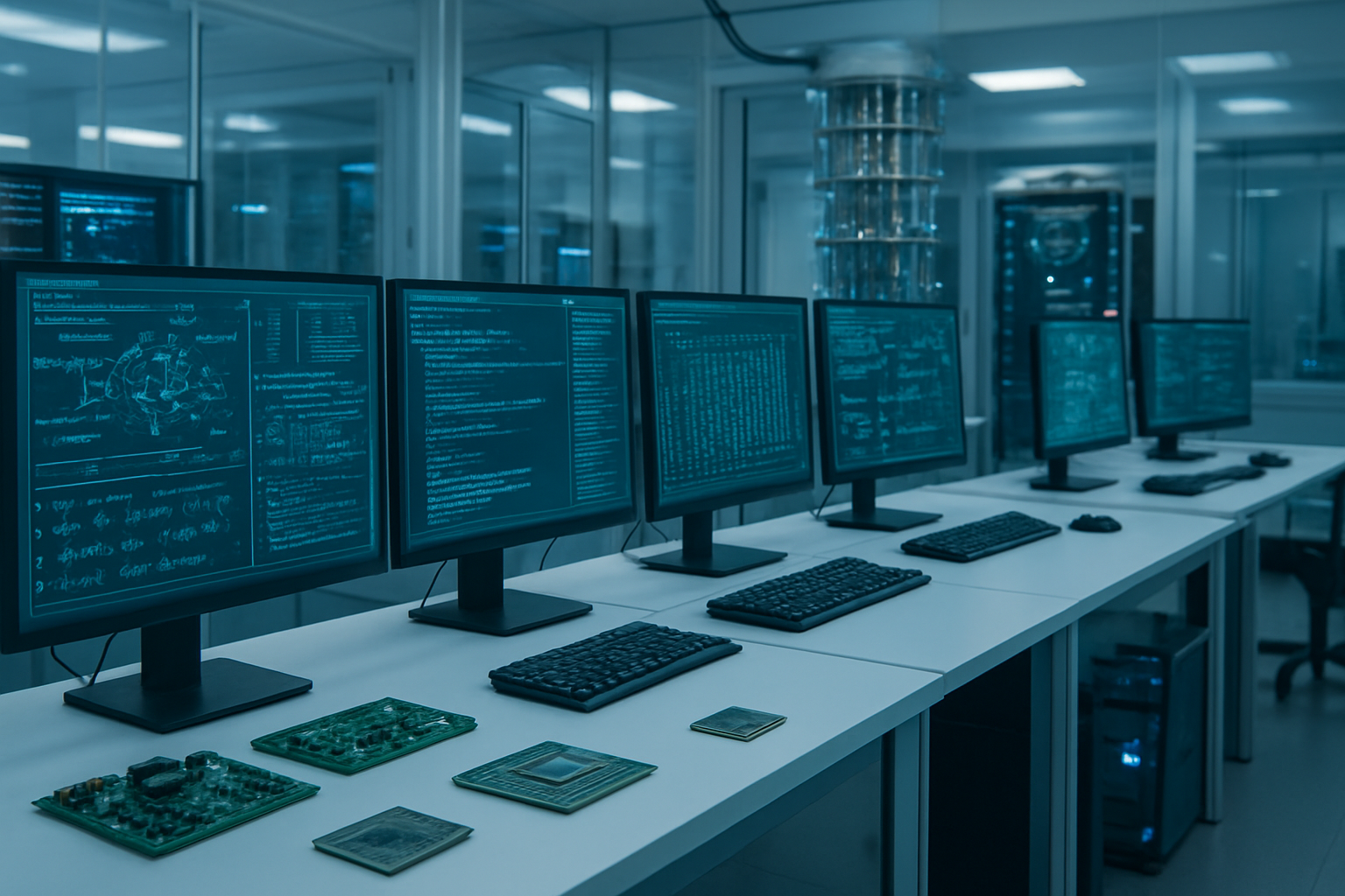 Create a realistic image of a modern technology laboratory with multiple computer workstations displaying complex cryptographic algorithms and code on monitors, quantum computing hardware with sleek metallic components and cooling systems in the background, circuit boards and advanced processors scattered on clean white tables, subtle blue and green LED lighting illuminating the sophisticated equipment, sterile white walls with glass panels, representing the cutting-edge development environment where post-quantum cryptography is being researched and implemented, absolutely NO text should be in the scene.