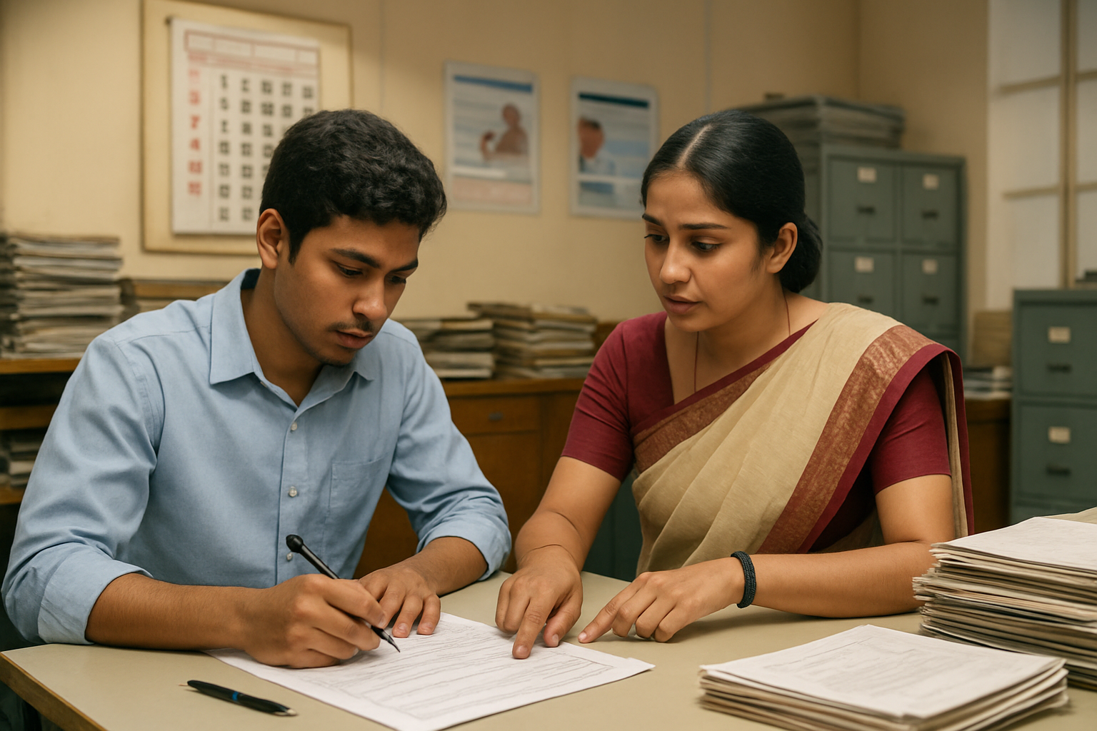 Create a realistic image of an Indian government office setting with a young Indian male student sitting at a desk filling out application forms, with a female Indian government officer in traditional attire assisting him, surrounded by organized stacks of documents, a wall calendar showing important dates, and informational posters about educational schemes in the background, under bright fluorescent office lighting that creates a professional administrative atmosphere, with filing cabinets and official documentation visible, absolutely NO text should be in the scene.
