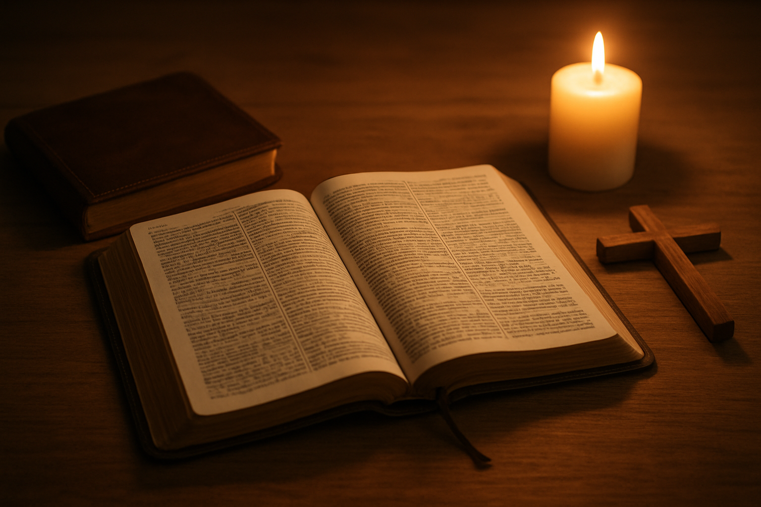 Create a realistic image of an open Bible with handwritten notes in the margins, surrounded by a leather-bound prayer journal, a wooden cross, and a lit candle on a peaceful wooden desk, with soft warm lighting creating gentle shadows, conveying a serene and contemplative atmosphere for spiritual study and reflection, absolutely NO text should be in the scene.