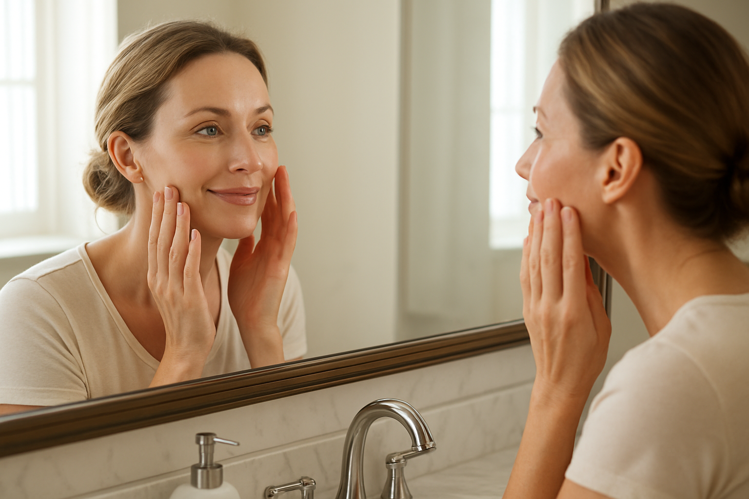 Create a realistic image of a middle-aged white woman looking at herself in a well-lit bathroom mirror, gently touching her smooth, radiant facial skin with her fingertips, showing a pleased and confident expression as she examines her refreshed appearance, with soft natural lighting from a window creating a bright and optimistic atmosphere, featuring modern bathroom elements like a clean marble countertop and elegant mirror frame in the background, capturing the immediate satisfaction and visible results from professional skincare treatments, absolutely NO text should be in the scene.