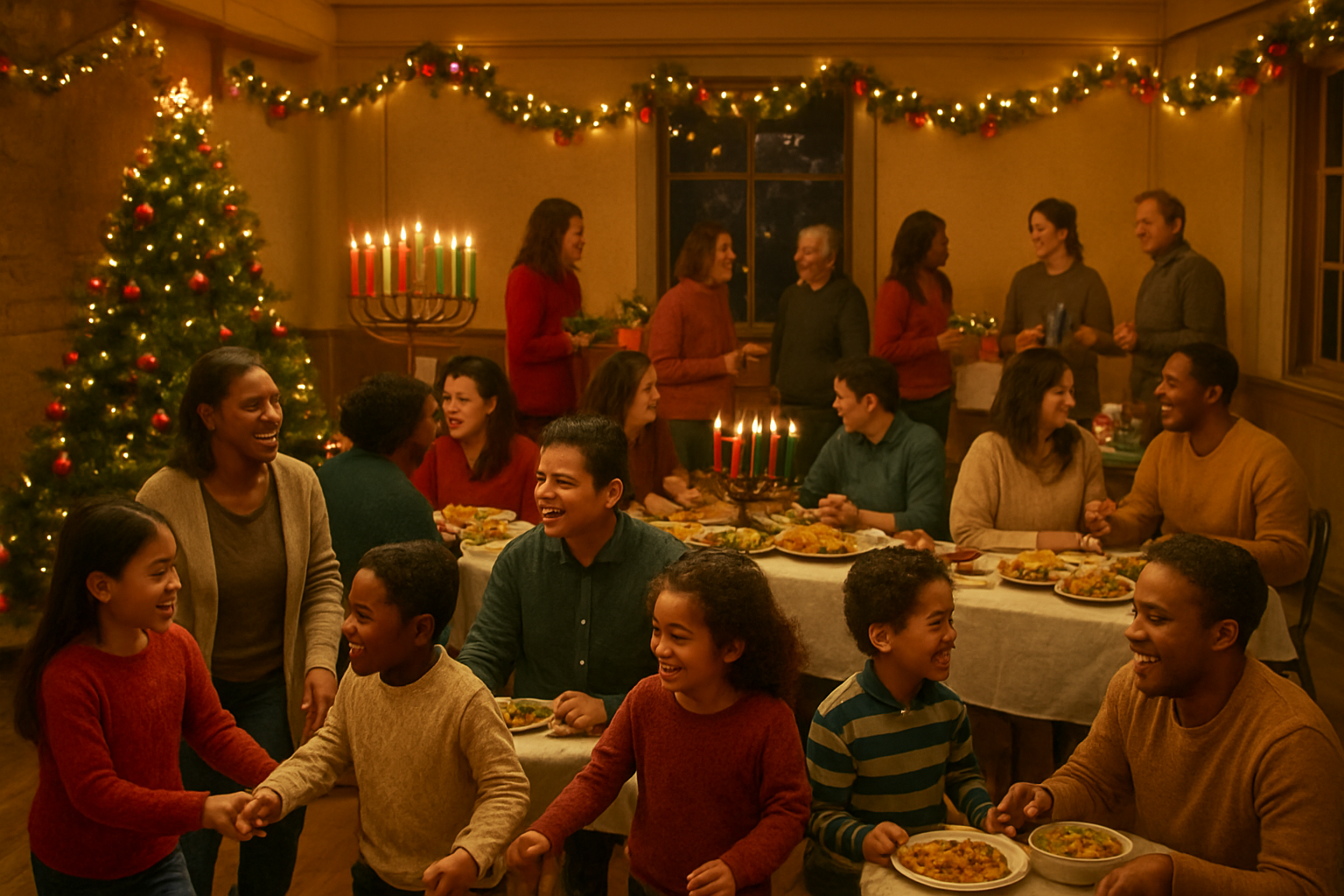 Create a realistic image of a diverse community gathering in a warmly lit community center or hall during Christmas time, featuring people of different races including white, black, Hispanic, and Asian individuals of various ages and genders mingling together, with Christmas decorations that represent multiple cultural traditions such as a Christmas tree alongside menorahs, kwanzaa candles, and other winter holiday symbols, people sharing food at tables with dishes from different cultures, children of mixed ethnicities playing together, adults engaged in friendly conversation, warm golden lighting creating a cozy atmosphere, festive garlands and lights adorning the space, gift exchange area with presents, and an overall scene of joyful inclusivity and community bonding, absolutely NO text should be in the scene.
