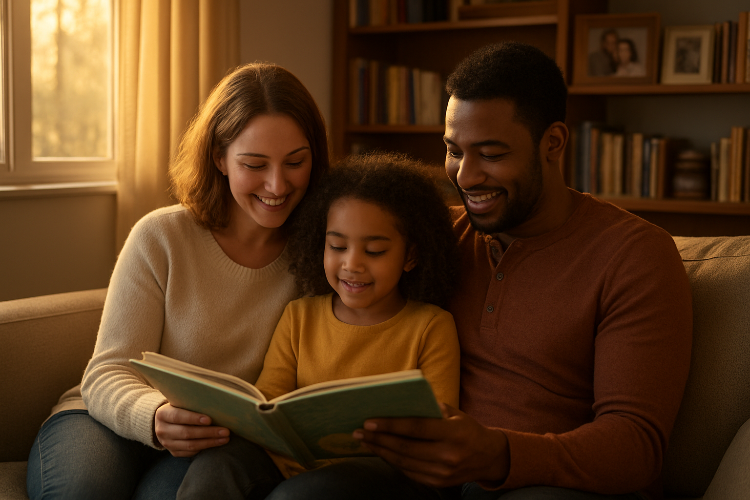 Create a realistic image of a warm, nurturing family scene showing a diverse family with a white mother and black father sitting on a comfortable couch reading a bedtime story to their young mixed-race daughter who is nestled between them, with soft golden evening lighting streaming through a window, creating a cozy living room atmosphere with bookshelves and family photos visible in the background, capturing the intimate bonding moment that demonstrates parental love and attention fostering a child's emotional development, with gentle smiles and engaged expressions showing connection and security. Absolutely NO text should be in the scene.