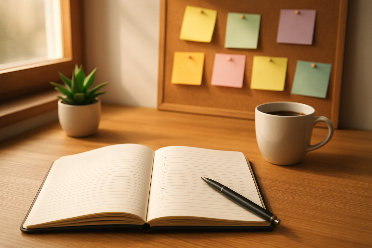 Create a realistic image of a clean, organized workspace with an open notebook showing a handwritten list of goals, a pen resting beside it, surrounded by inspirational elements like a small potted plant, a cup of coffee, and a vision board with colorful sticky notes pinned to a cork board in the background, warm natural lighting streaming through a window creating a motivated and purposeful atmosphere, absolutely NO text should be in the scene.