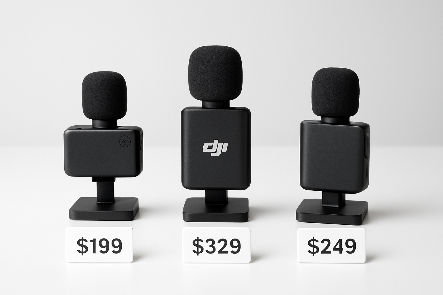 Create a realistic image of a modern desk setup showing three different wireless microphones arranged side by side for comparison, with the DJI Mic Mini prominently featured in the center, flanked by two competing wireless microphone models, each positioned on small product stands, with price tags visible beneath each microphone showing different dollar amounts, set against a clean white background with soft professional lighting that highlights the technical details and build quality of each device, creating a professional product comparison atmosphere. Absolutely NO text should be in the scene.