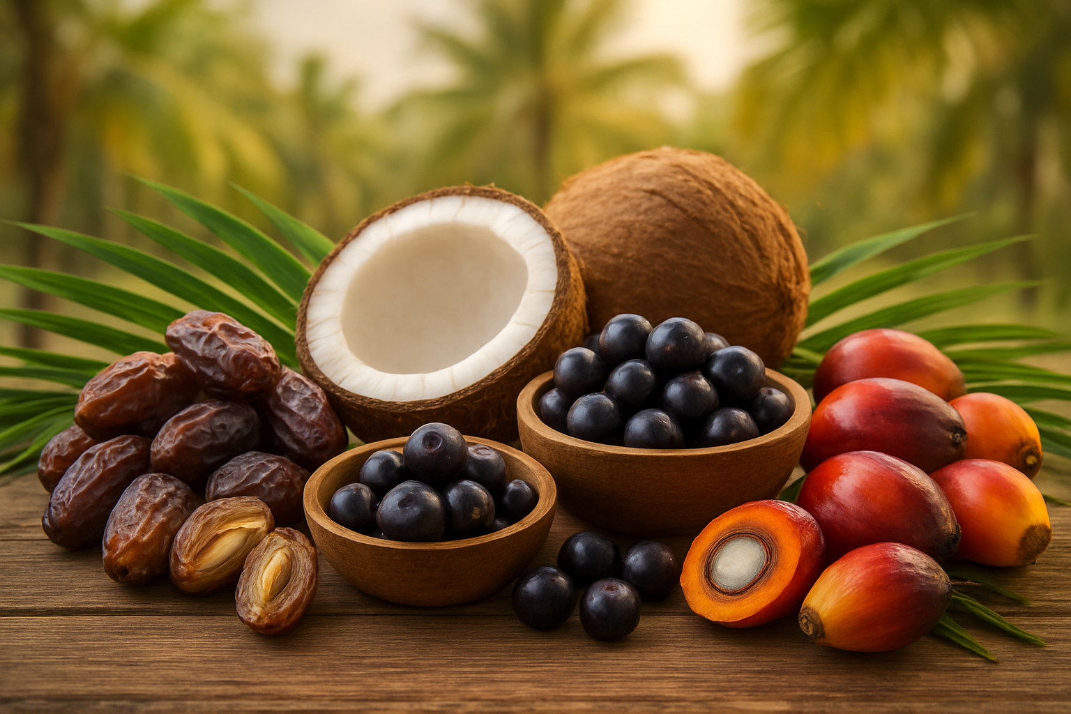 Create a realistic image of a beautifully arranged collection of various palm fruits including dates, coconuts, acai berries, and oil palm fruits displayed on a rustic wooden table, with some fruits whole and others cut open to show their inner flesh and seeds, surrounded by fresh palm leaves as natural decoration, shot in warm natural lighting that highlights the rich textures and vibrant colors of the different palm fruits, creating an inviting and educational showcase that represents the diversity and appeal of palm fruits, with a soft-focused tropical background suggesting palm trees, Absolutely NO text should be in the scene.