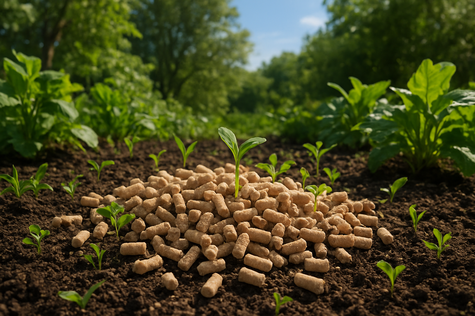 Create a realistic image of a serene outdoor scene showing biodegradable cat litter pellets scattered on rich, dark soil with small green sprouts and plants growing through and around them, surrounded by lush green foliage and trees in soft, natural daylight, with a clear blue sky in the background, emphasizing the eco-friendly cycle of decomposition and plant growth, absolutely NO text should be in the scene.