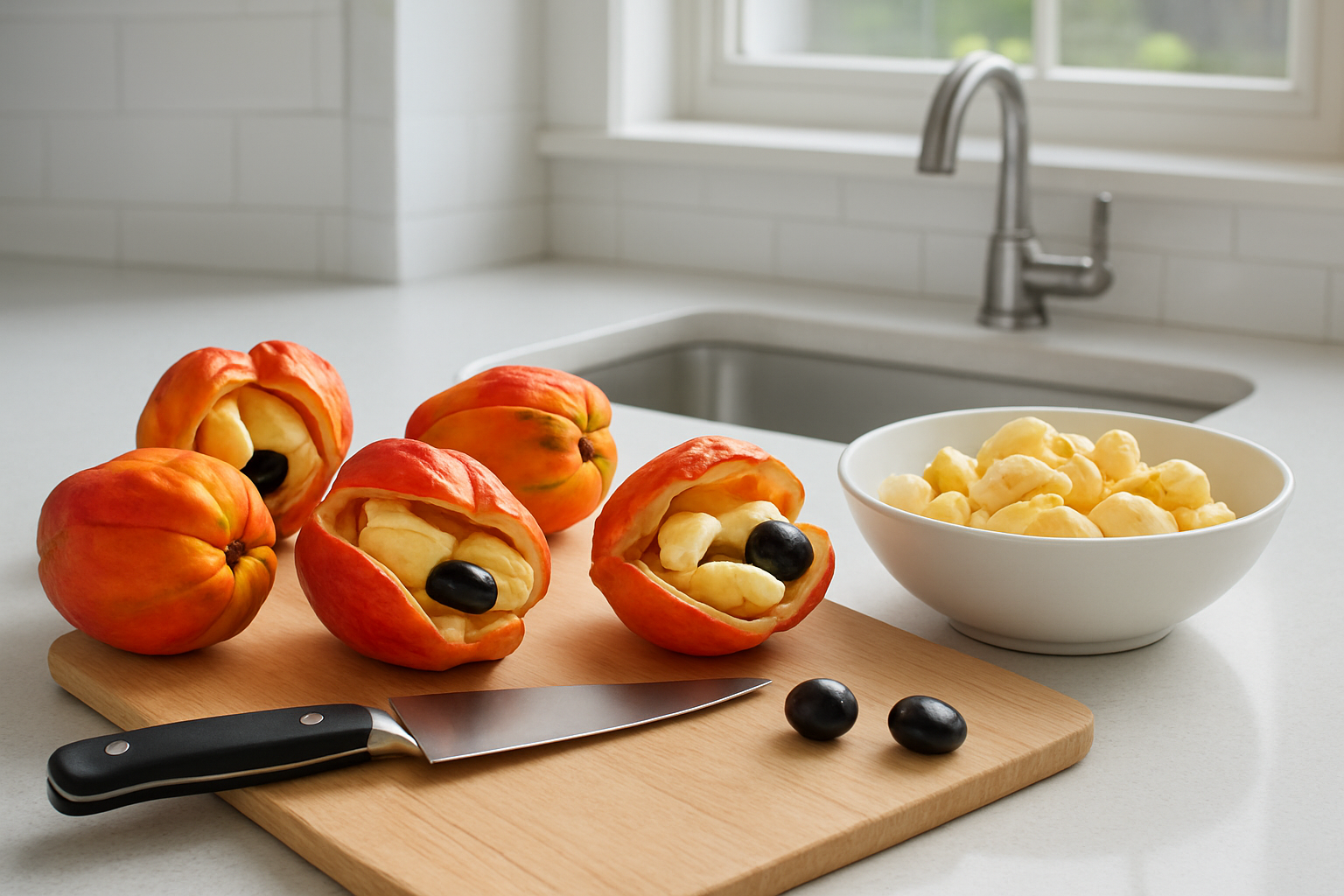 Create a realistic image of a clean, well-lit kitchen counter with fresh ackee fruits in various stages of preparation, showing some whole yellow-red ackee pods naturally opened to reveal the creamy white arils inside, a sharp knife, a cutting board, and a bowl containing properly prepared ackee arils with the black seeds carefully removed, emphasizing food safety with a pristine cooking environment, natural daylight streaming through a window, absolutely NO text should be in the scene.