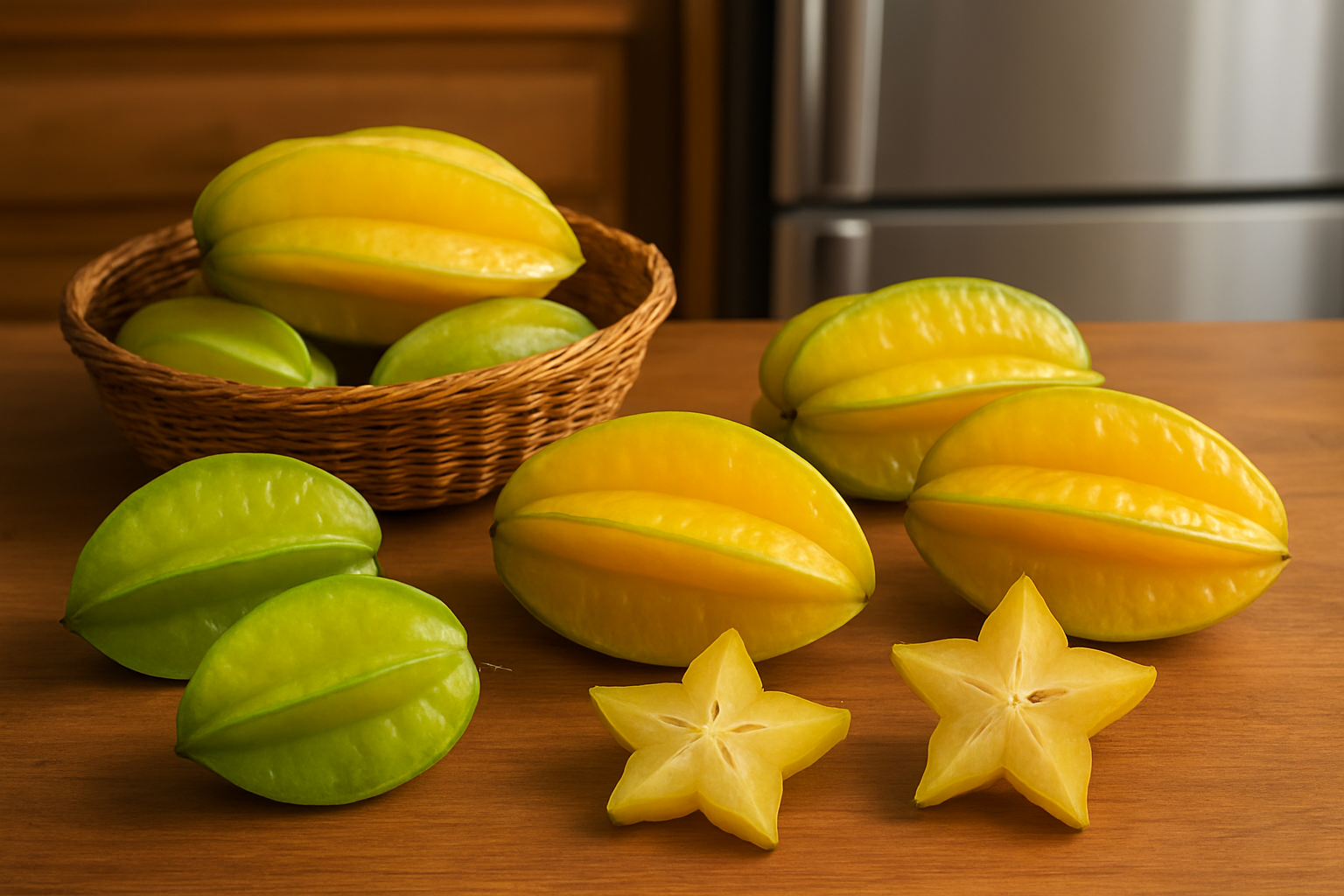 Create a realistic image of fresh starfruit (carambola) at different stages of ripeness arranged on a wooden kitchen counter, showing both whole fruits and cross-sectioned star-shaped slices, with some fruits in a wicker basket and others placed near a refrigerator in the background, under warm natural kitchen lighting that highlights the golden-yellow color and waxy texture of the ripe fruits alongside slightly green unripe ones, demonstrating the selection process for optimal freshness, absolutely NO text should be in the scene.