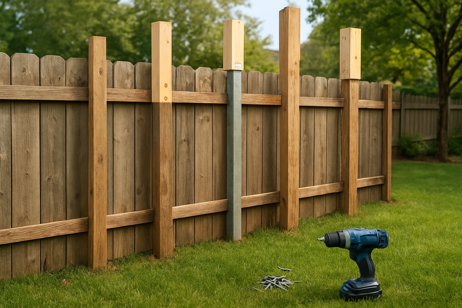 Create a realistic image of a wooden fence with fence posts being extended upward using additional wooden post sections or metal post extenders, showing the connection points where new materials are attached to existing fence posts, with tools like a drill or screws visible nearby, set in a suburban backyard with green grass and natural daylight, demonstrating the DIY fence height extension process in progress, absolutely NO text should be in the scene.