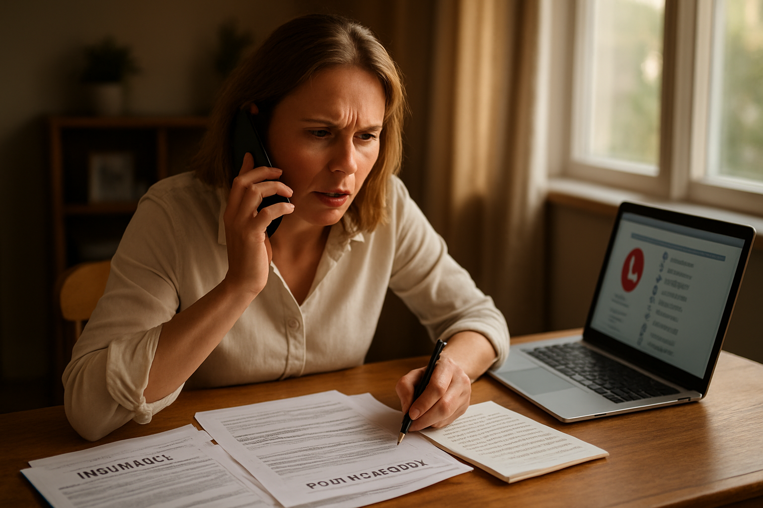 Create a realistic image of a white female person sitting at a wooden desk making urgent phone calls while holding a smartphone to her ear, with a frustrated but determined expression, surrounded by important documents including insurance papers and a police report form, a laptop computer open showing emergency contact information, a notepad with handwritten notes, and a pen in her other hand, in a well-lit home office setting with warm natural lighting from a window, creating a sense of immediate action and crisis management, absolutely NO text should be in the scene.