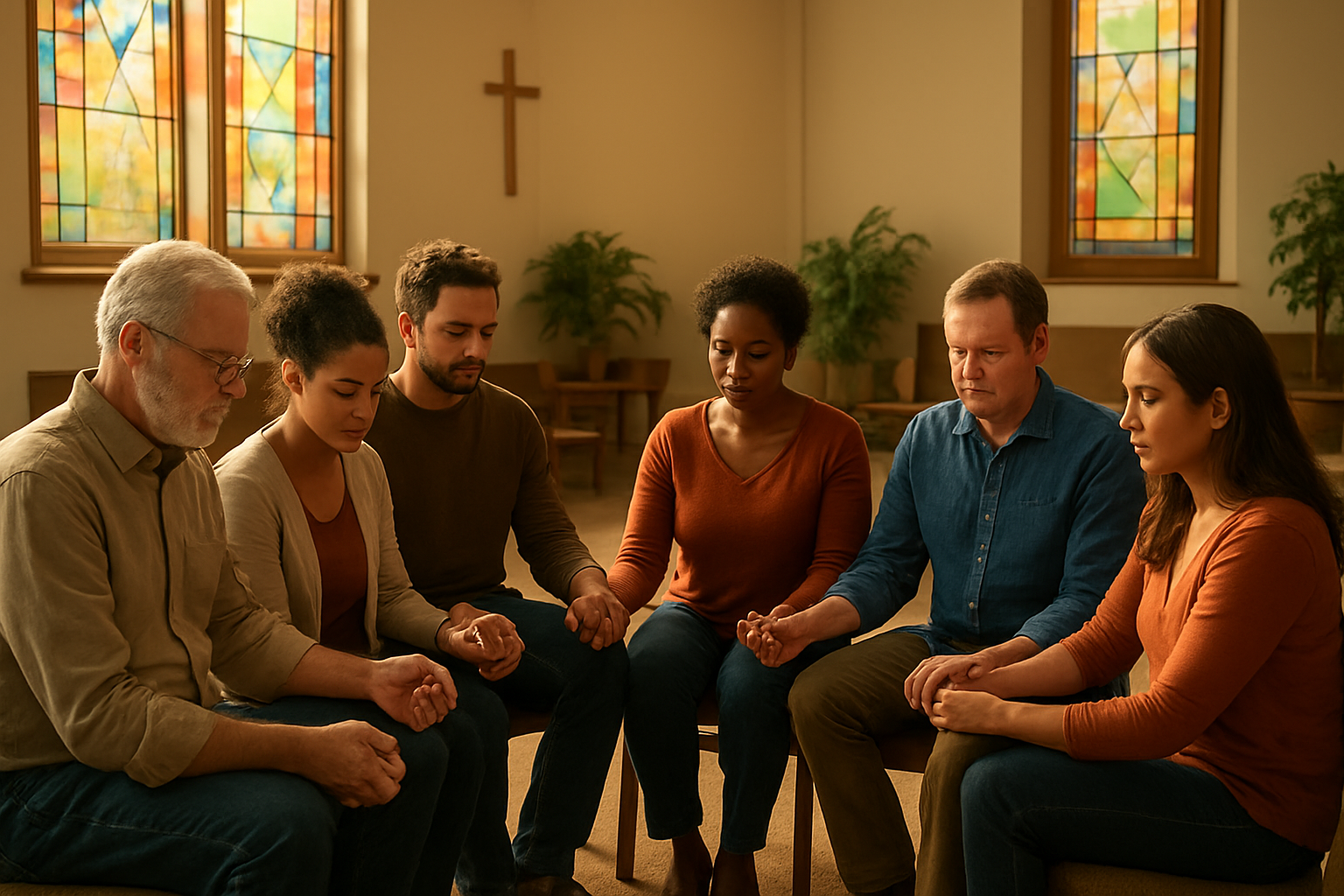 Create a realistic image of a diverse group of people including white, black, and Hispanic men and women of various ages sitting in a warm, welcoming circle in a modern church fellowship hall, holding hands in prayer with gentle sunlight streaming through stained glass windows, soft wooden furniture and potted plants in the background creating a peaceful atmosphere of community and spiritual connection, with warm golden lighting enhancing the sense of unity and belonging, absolutely NO text should be in the scene.