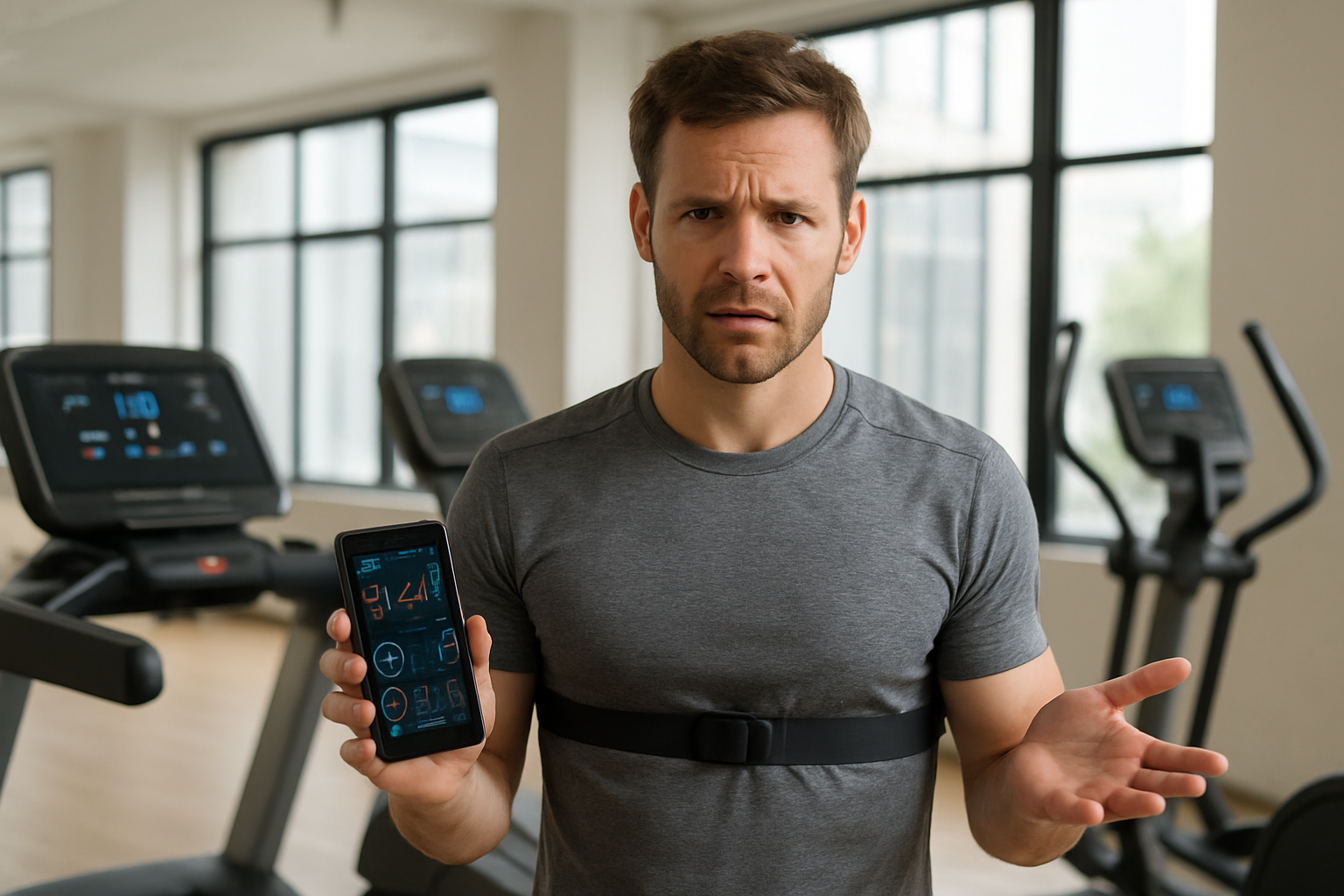 Create a realistic image of a white male athlete in his 30s standing in a modern gym looking confused while holding a smartphone displaying a fitness tracking app with various cardio metrics and charts, surrounded by multiple cardio machines including a treadmill with digital display, stationary bike, and elliptical machine all showing different readouts and numbers, with a heart rate monitor chest strap visible on his athletic shirt, set against a clean gym background with natural lighting from large windows, conveying uncertainty about measurement accuracy, absolutely NO text should be in the scene.