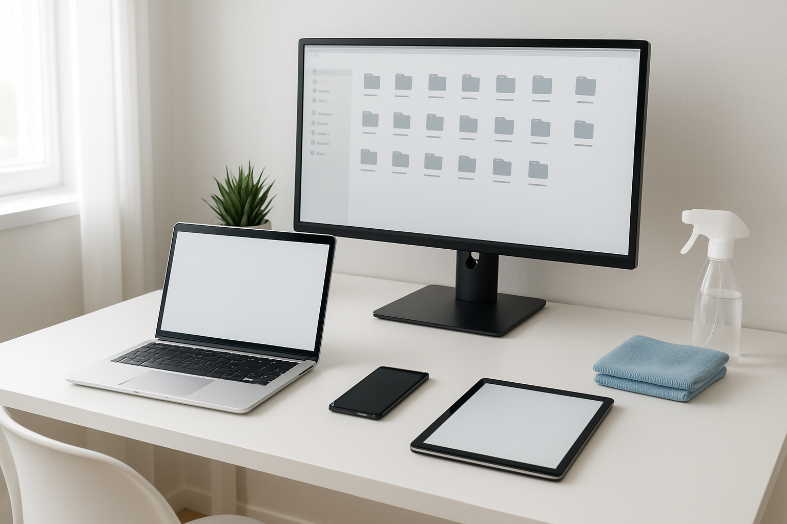 Create a realistic image of a clean, organized workspace featuring multiple digital devices including a laptop, smartphone, and tablet arranged neatly on a modern white desk, with a desktop computer monitor displaying a tidy file system interface, organized cables using cable management solutions, a small potted plant, and cleaning supplies like microfiber cloths and screen cleaner nearby, set in a bright, minimalist home office environment with natural lighting from a window, conveying a sense of digital cleanliness and systematic organization, absolutely NO text should be in the scene.