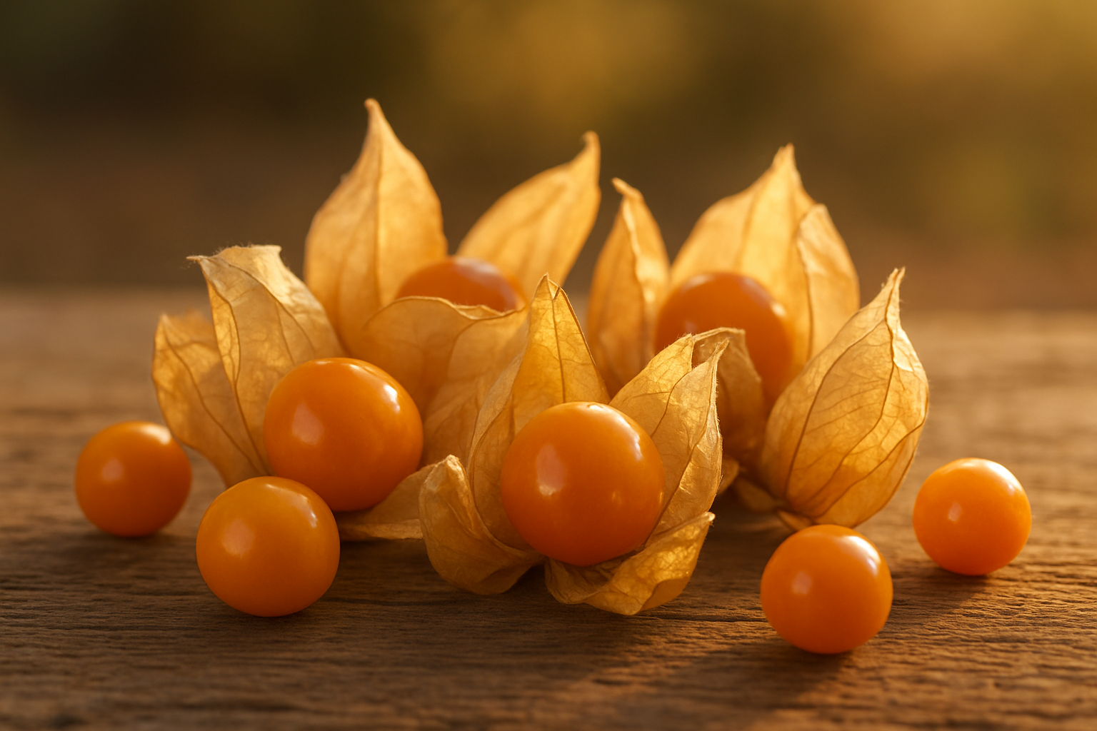 Create a realistic image of golden uchuva fruits (goldenberries) with their delicate papery husks partially opened to reveal the bright orange-yellow berries inside, arranged on a rustic wooden surface with some scattered loose berries, soft natural lighting highlighting the translucent quality of the husks and the glossy surface of the fruits, warm golden hour ambiance creating a treasure-like glow, shallow depth of field with a softly blurred natural background, absolutely NO text should be in the scene.