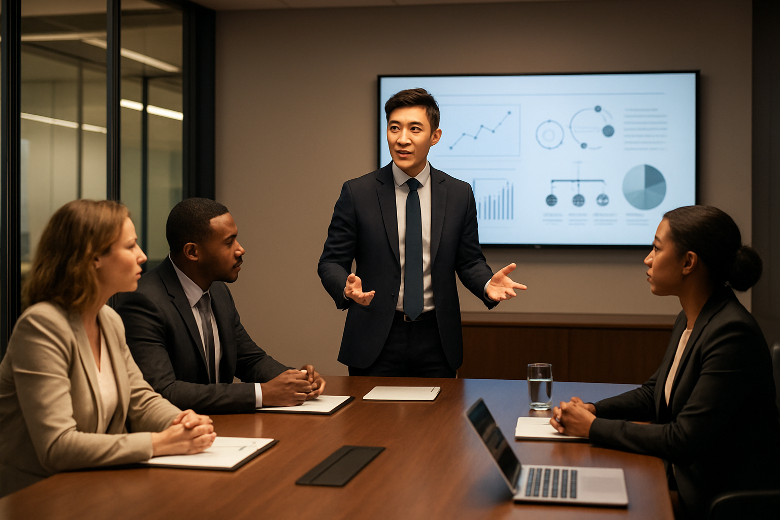 Create a realistic image of a diverse business meeting in a modern conference room where an Asian male CEO stands at the head of a sleek conference table presenting to engaged stakeholders including white and black professionals of both genders, with a large wall-mounted display showing strategic vision diagrams and charts, warm professional lighting illuminating the scene, everyone appearing focused and collaborative, modern corporate interior with glass walls and contemporary furniture, absolutely NO text should be in the scene.