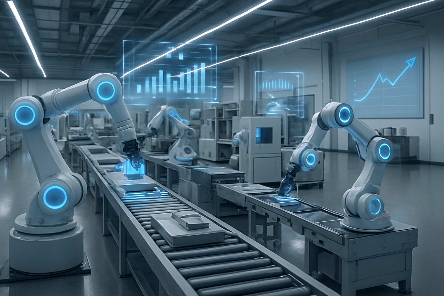 Create a realistic image of a modern manufacturing facility showcasing advanced AI-powered robotic systems and automated machinery in operation, with sleek industrial robots with glowing blue LED indicators working on assembly lines, digital holographic displays showing production analytics floating above the equipment, a clean high-tech factory floor with polished concrete surfaces, bright white LED lighting creating a futuristic atmosphere, conveyor belts moving products efficiently, and subtle visual elements suggesting competitive advantage like upward trending arrow projections and performance metrics displayed on wall-mounted screens, all captured from a wide-angle perspective that emphasizes the scale and sophistication of the AI-integrated manufacturing environment, absolutely NO text should be in the scene.