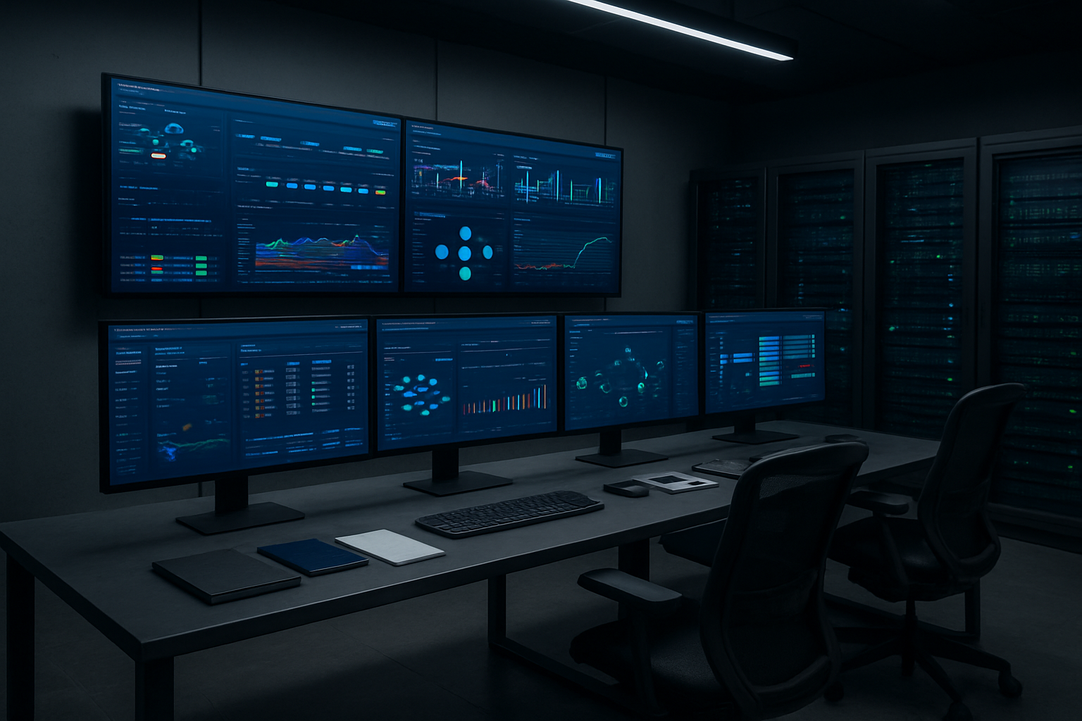 Create a realistic image of a modern IT operations center with multiple computer monitors displaying colorful Kubernetes dashboard interfaces, deployment pipelines, and cluster monitoring graphs, featuring server racks with blinking LED lights in the background, a clean organized workspace with ergonomic chairs, professional lighting creating a focused technical atmosphere, and various DevOps tools and documentation visible on desks, with a sleek industrial design aesthetic emphasizing reliability and production readiness. Absolutely NO text should be in the scene.