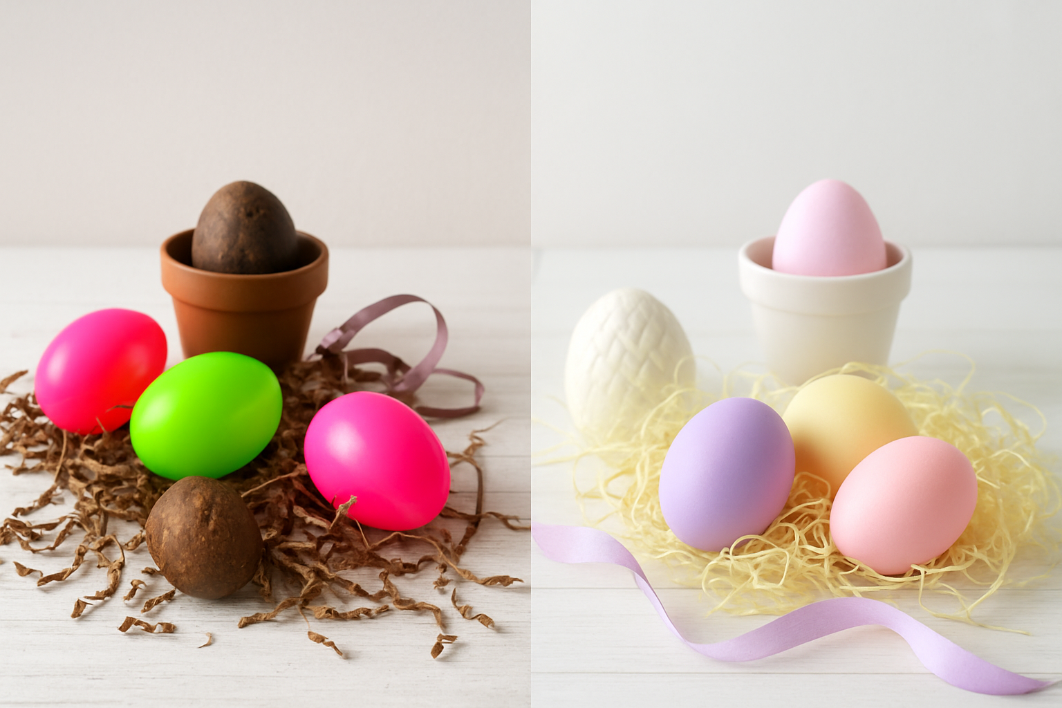 Create a realistic image of a split-screen composition showing Easter decorating mistakes on one side and correct Easter colors on the other side, featuring overly bright neon Easter eggs in garish pink and electric green alongside muddy brown decorations on the mistake side, contrasted with elegant pastel purple, soft yellow, and gentle pink Easter eggs and decorations on the correct side, displayed on a white wooden table with natural spring lighting from a window, including some scattered Easter grass and ribbon, with a clean white background wall, absolutely NO text should be in the scene.