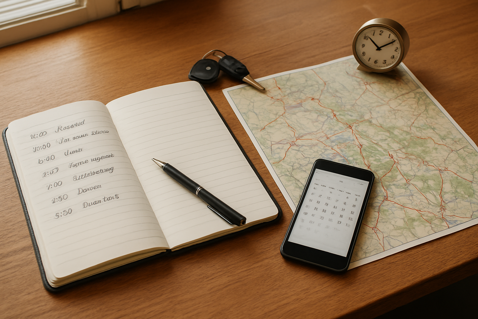 Create a realistic image of a wooden table with an open notebook showing a handwritten daily schedule, a detailed map of wine country with marked locations, a smartphone displaying a calendar app, car keys, a pen, and a small clock showing afternoon time, all arranged in an organized planning setup with soft natural lighting from a nearby window, warm and focused atmosphere suggesting careful trip preparation, absolutely NO text should be in the scene.
