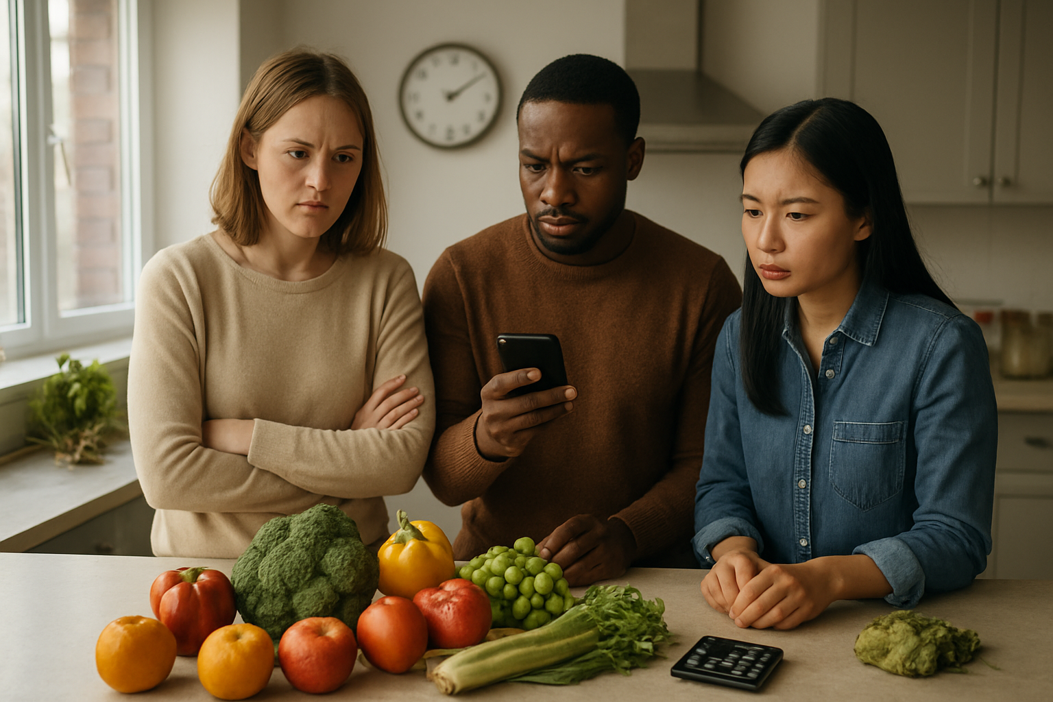 Create a realistic image of a diverse group of people including a white female, black male, and Asian female standing in a modern kitchen, looking thoughtfully at fresh fruits and vegetables on a counter while one person checks their phone for grocery prices, with visible barriers like a clock showing busy time, a small budget calculator, and wilted produce in the background, warm natural lighting from a window, conveying determination to overcome obstacles, absolutely NO text should be in the scene.