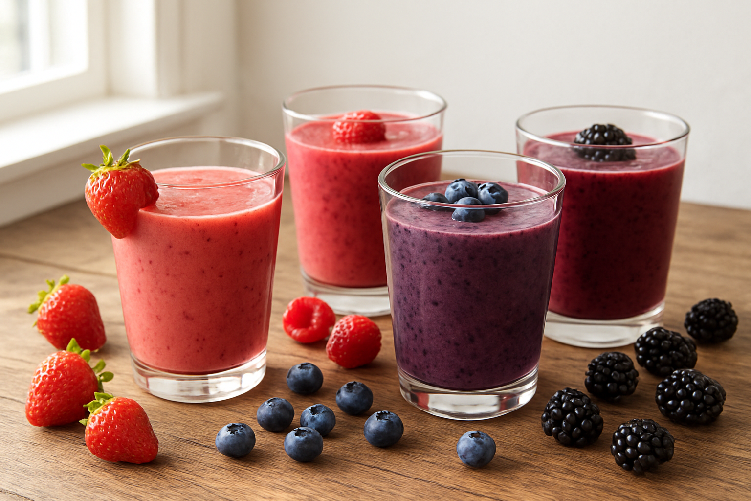 Create a realistic image of a collection of vibrant berry smoothies in clear glasses arranged on a rustic wooden table, featuring classic combinations with strawberries, blueberries, raspberries, and blackberries, with fresh whole berries scattered around the glasses, natural daylight streaming through a window creating soft shadows, warm and inviting kitchen atmosphere with a clean white background wall, absolutely NO text should be in the scene.