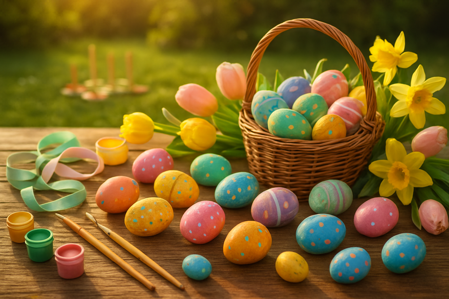 Create a realistic image of a beautifully arranged Easter celebration scene featuring colorful painted Easter eggs scattered across a wooden table, pastel-colored craft supplies including ribbons and paintbrushes, a wicker basket filled with decorated eggs, spring flowers like tulips and daffodils in soft yellow and pink hues, outdoor garden games visible in the blurred background including ring toss and lawn games, warm golden afternoon sunlight streaming through the scene creating a joyful and festive atmosphere that captures the essence of fun Easter activities and celebrations, absolutely NO text should be in the scene.