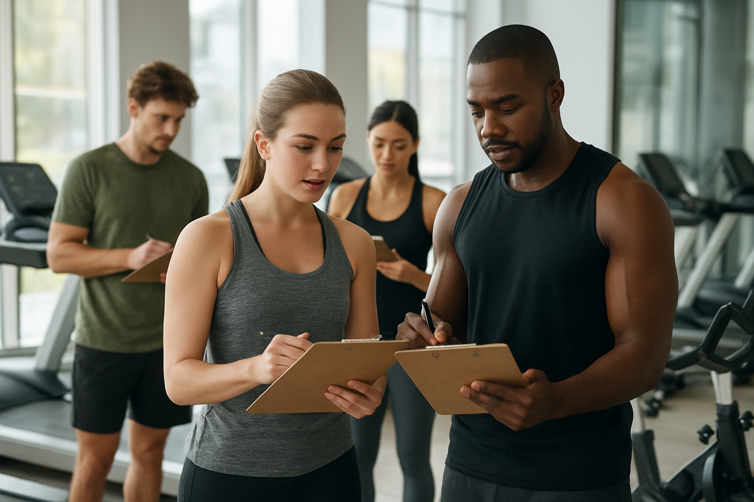 Create a realistic image of a diverse group of people including a white female and black male athlete in modern athletic wear holding clipboards and looking at fitness goal charts, surrounded by cardiovascular exercise equipment like treadmills and stationary bikes in a bright, well-lit modern gym with natural lighting from large windows, creating a motivational and focused atmosphere that emphasizes planning and goal-setting for fitness success, absolutely NO text should be in the scene.