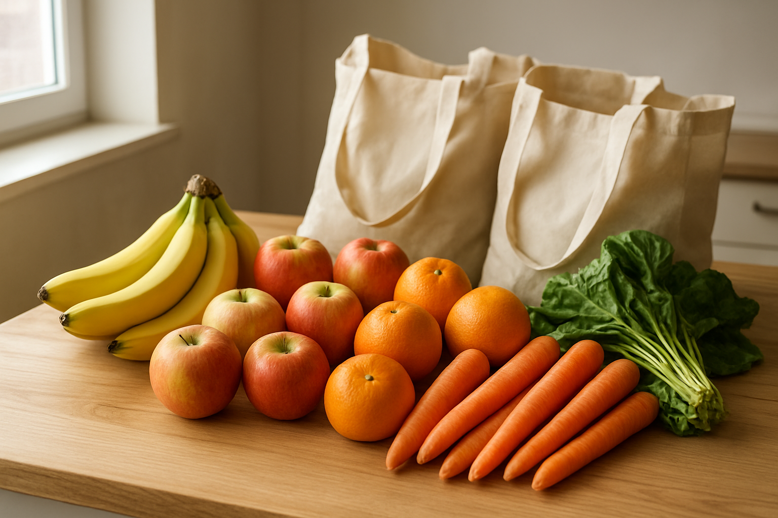 Create a realistic image of a diverse collection of budget-friendly fresh fruits including bananas, apples, oranges, carrots, and seasonal produce arranged in an organized display on a clean wooden kitchen counter, with a few reusable shopping bags nearby, soft natural lighting from a window creating gentle shadows, warm and inviting kitchen atmosphere with neutral tones, showing abundance and variety while maintaining a clean and organized appearance that suggests smart shopping and meal planning, absolutely NO text should be in the scene.