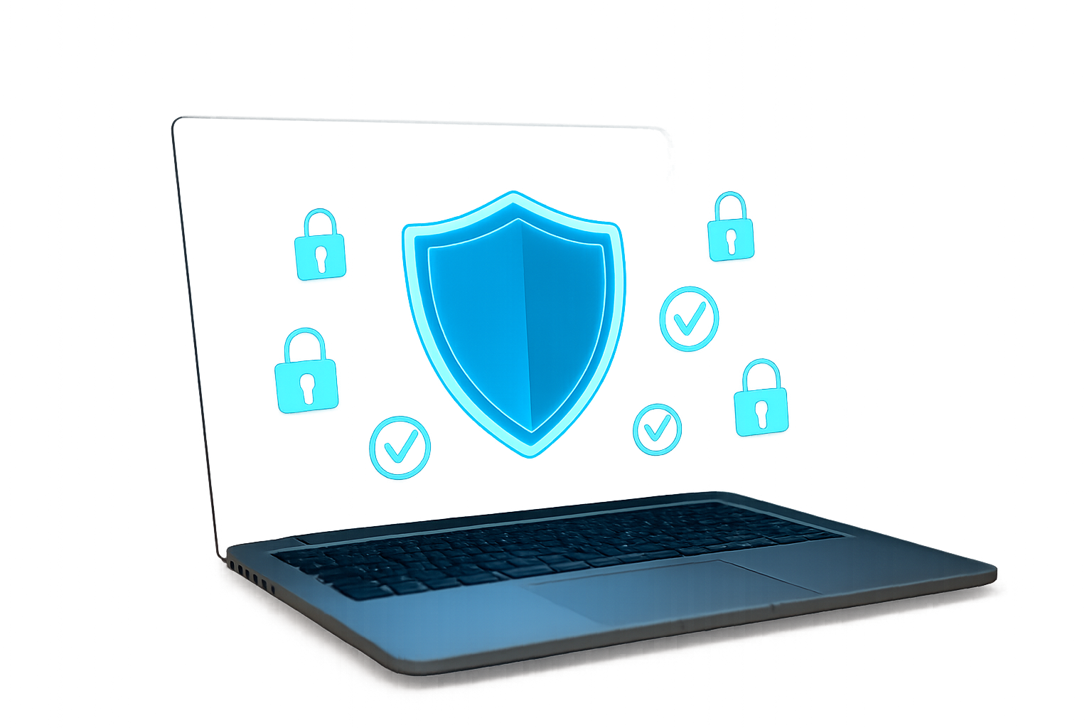 Create a realistic image of a digital shield icon glowing in blue light floating above an open laptop computer, with privacy protection symbols like padlocks and checkmarks surrounding the shield, set against a clean modern office desk with soft ambient lighting, conveying trust and security in a professional technology environment, absolutely NO text should be in the scene.