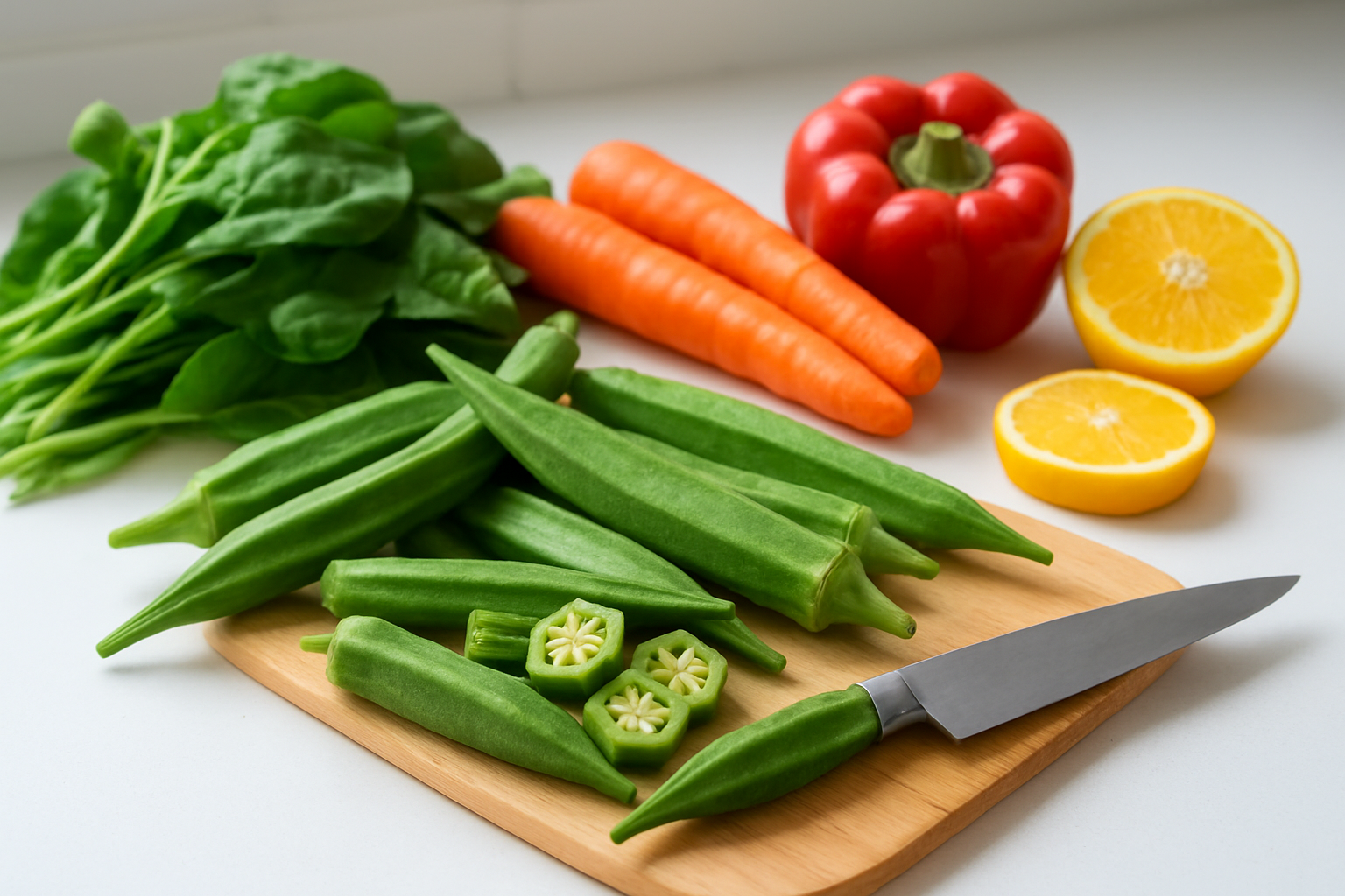 Create a realistic image of fresh green okra pods arranged on a clean white surface alongside various colorful nutrient-rich foods like leafy spinach, vibrant orange carrots, red bell peppers, and yellow citrus fruits, with some okra pods sliced open to show their internal structure and seeds, accompanied by a wooden cutting board and a sharp knife, all captured in bright natural lighting that highlights the freshness and nutritional appeal of the vegetables, with a clean kitchen counter background that suggests healthy food preparation, absolutely NO text should be in the scene.