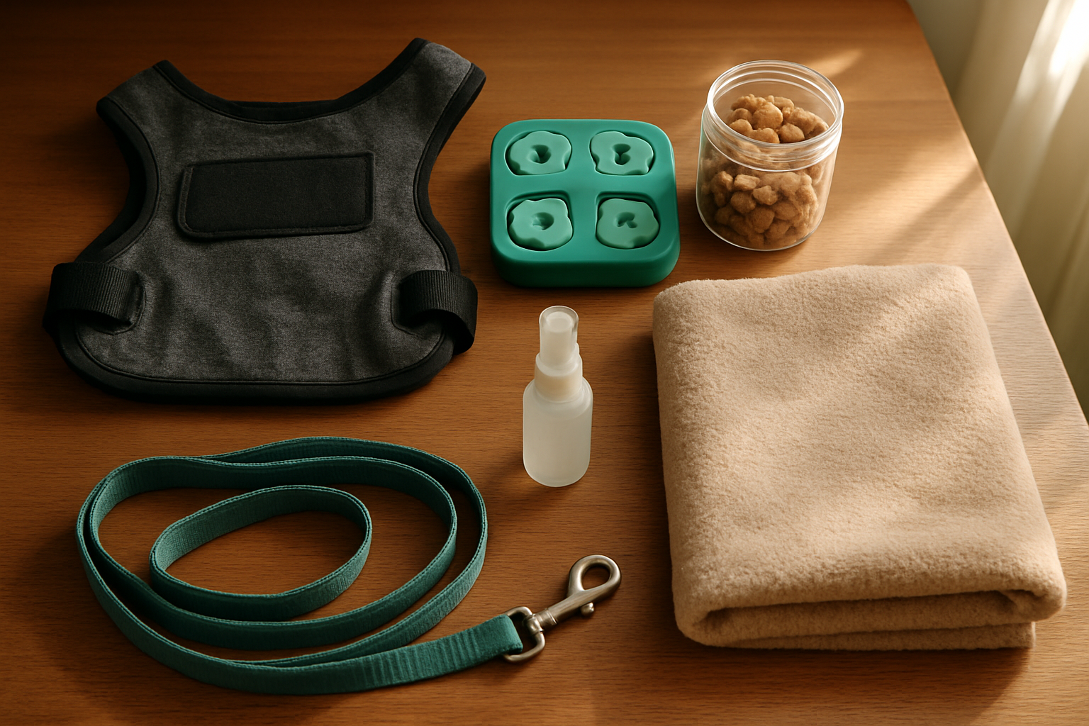 Create a realistic image of a collection of dog calming tools and emergency items neatly arranged on a wooden surface, including a dog anxiety vest or thunder shirt, calming treats in a clear container, a puzzle toy, a soft blanket, a spray bottle with calming pheromones, and a leash, with warm natural lighting from a nearby window creating a peaceful and organized atmosphere, shot from a slightly elevated angle to show all items clearly, absolutely NO text should be in the scene.