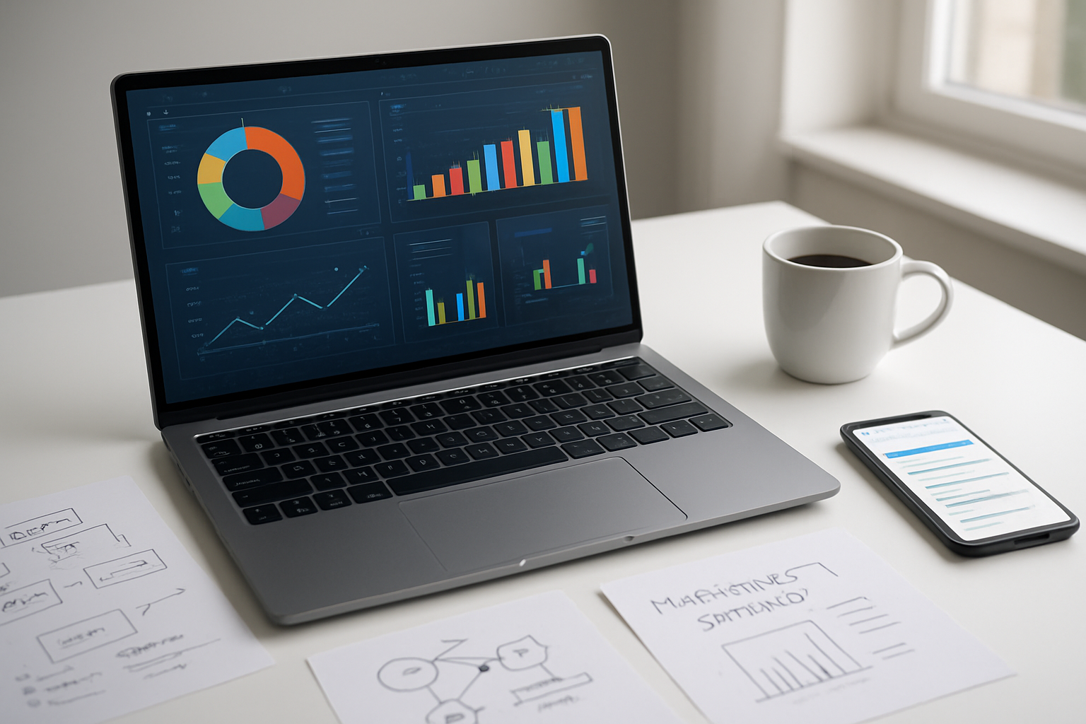 Create a realistic image of a modern digital marketing workspace featuring a sleek laptop displaying colorful analytics dashboards and SEO performance charts, surrounded by a smartphone showing search results, scattered marketing strategy notes, and a coffee cup, all arranged on a clean white desk with soft natural lighting from a nearby window, conveying a sense of achievement and forward-thinking digital strategy success, with subtle AI and technology elements like circuit board patterns reflected on the laptop screen, absolutely NO text should be in the scene.