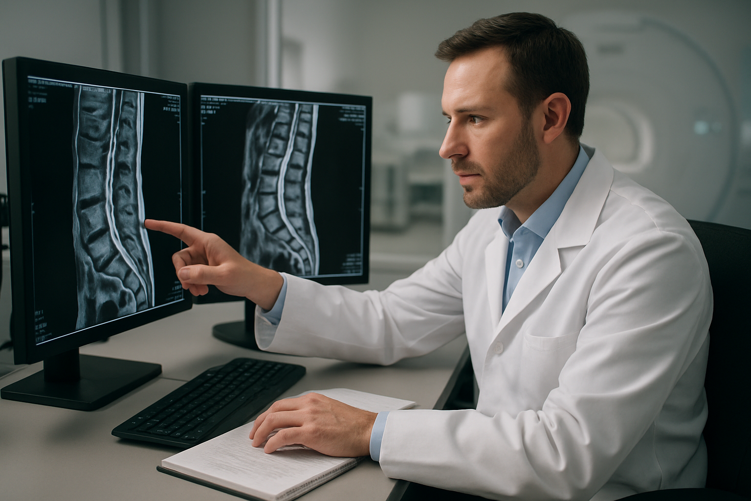 Create a realistic image of a white male radiologist in a white coat sitting at a modern medical workstation examining MRI scan images of a spinal column displayed on multiple high-resolution computer monitors, with the doctor pointing at specific areas of the spine scan while reviewing medical charts and notes on his desk, set in a clean professional medical imaging department with soft ambient lighting and medical equipment visible in the background, conveying a focused analytical atmosphere for diagnostic interpretation, absolutely NO text should be in the scene.