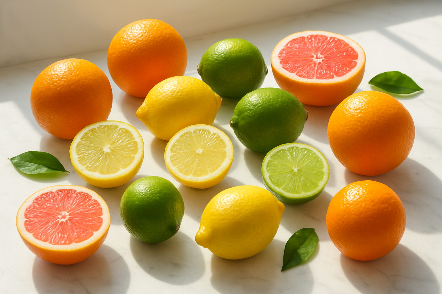 Create a realistic image of a vibrant collection of fresh citrus fruits including oranges, lemons, limes, and grapefruits arranged on a clean white marble countertop, with some fruits whole and others cut in half to show their juicy interior, natural morning sunlight streaming through a nearby window creating soft shadows and highlighting the colorful textures of the citrus peels, a few green leaves scattered around the fruits, bright and healthy atmosphere suggesting daily nutrition and wellness, absolutely NO text should be in the scene.