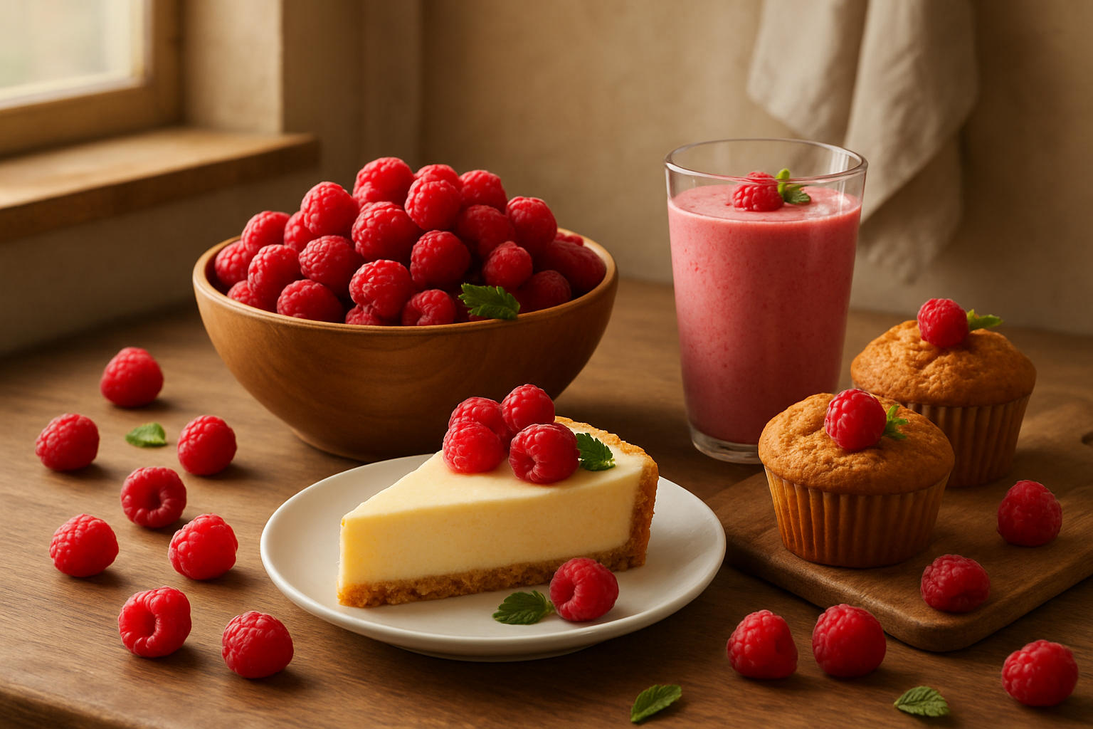 Create a realistic image of fresh raspberries being used in various culinary applications, showing a wooden kitchen counter with a bowl of vibrant red raspberries, raspberry-topped desserts including a cheesecake slice and muffins, a glass of raspberry smoothie, fresh raspberries scattered artistically around the scene, some mint leaves as garnish, warm natural lighting from a window creating soft shadows, cozy kitchen atmosphere with neutral tones and rustic elements, absolutely NO text should be in the scene.