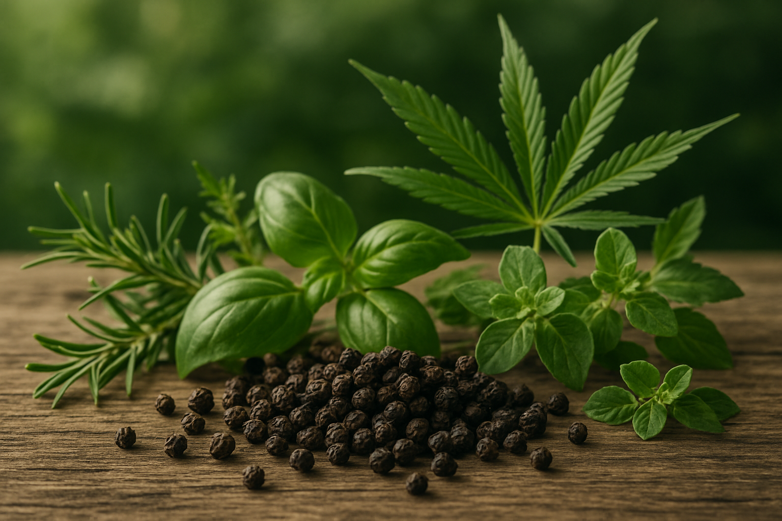 Create a realistic image of a serene botanical composition featuring fresh black peppercorns scattered on a rustic wooden surface, surrounded by aromatic herbs like rosemary, oregano, and basil leaves, with cannabis leaves artfully arranged in the background, all illuminated by soft natural lighting that highlights the textures and creates gentle shadows, conveying a sense of natural harmony and scientific discovery about plant terpenes, with a blurred green garden backdrop suggesting the vast plant kingdom, absolutely NO text should be in the scene.