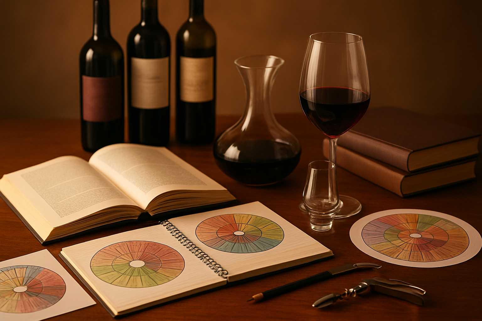 Best Wine Gifts Under $50 (2026 Guide) Create a realistic image of an elegant wine education scene featuring wine books, tasting notebooks, wine aroma wheel charts, and educational wine accessories arranged on a wooden table, with wine bottles displaying different regions and varietals in the background, a wine glass with red wine for tasting, professional sommelier tools like a decanter and aerator, warm ambient lighting creating an inviting learning atmosphere, shot from a slightly elevated angle to showcase the educational materials, absolutely NO text should be in the scene.